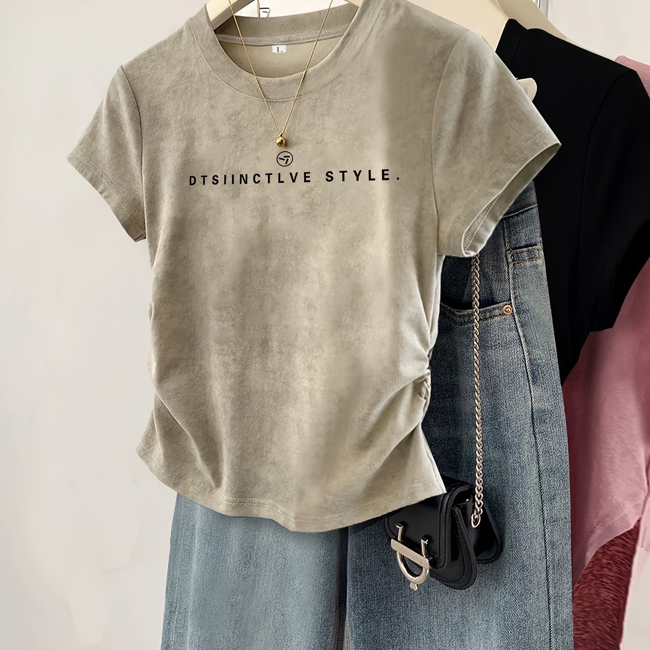 Image of Straight Shoulder Short-sleeved T-shirt Women's Summer Design Slim Cartoon Print Short-sleeved T-shirt Pleated Tie-dye Plain Top Hot Short Top Base Shirt #t76