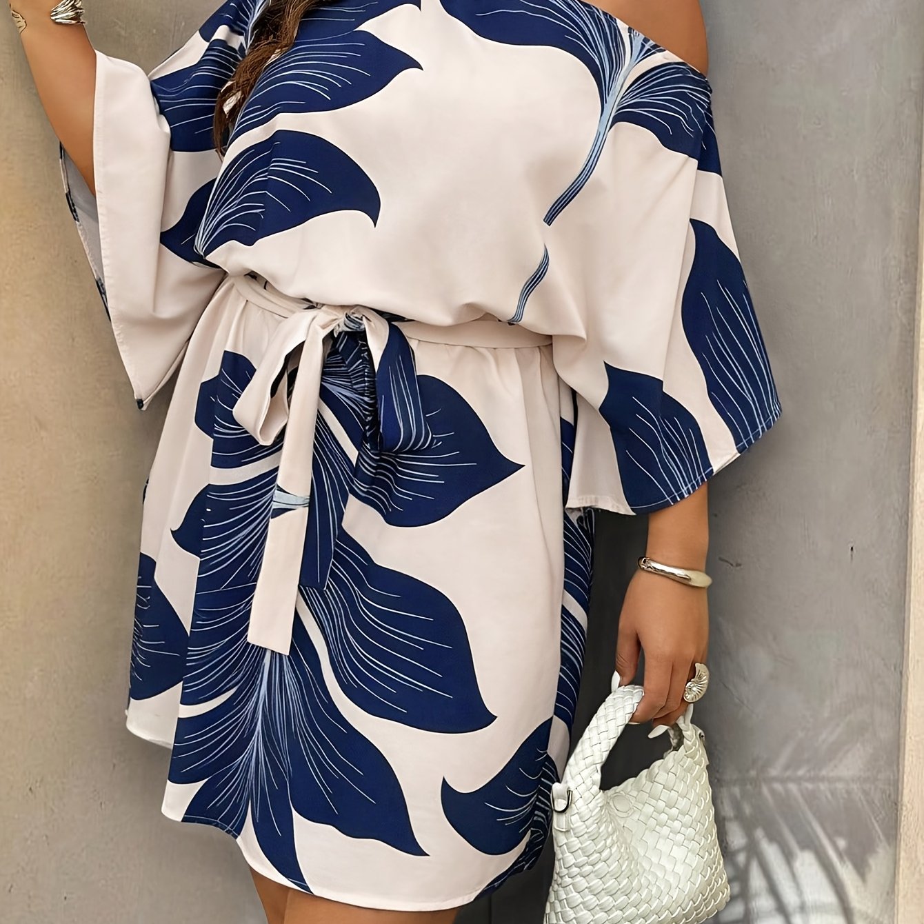 TEMU Plus Size - Women's Plus Size Dress, Floral Print Pattern Casual Elegant Off-shoulder Midi Dress Suitable For Summer Daily Outdoor Wear