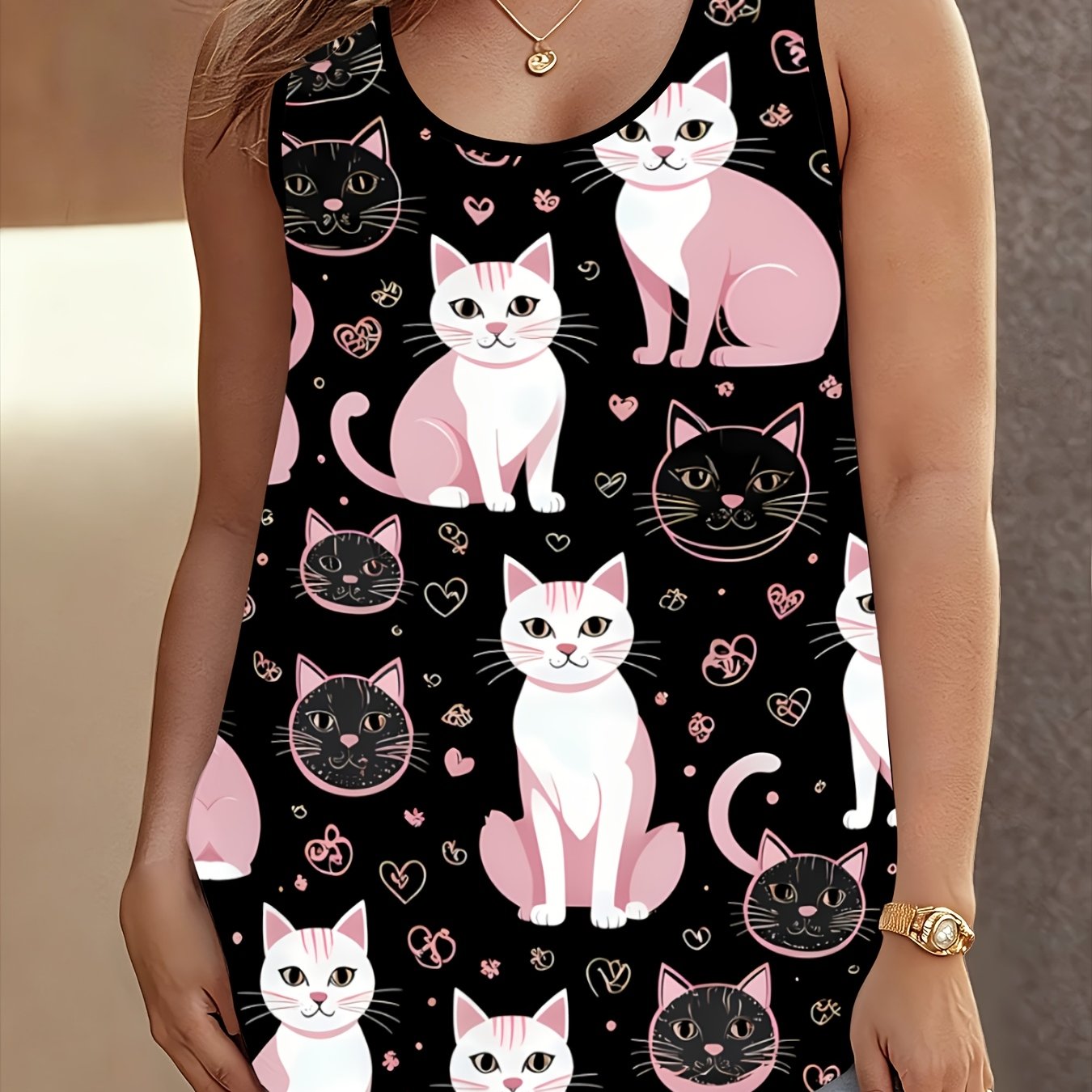 TEMU Women's Plus Size Round Neck Tank Top, Black And Pink Cartoon Cat And Heart Print, Sleeveless Loose Fit Tank Top, Plus Size, Loose And Style,