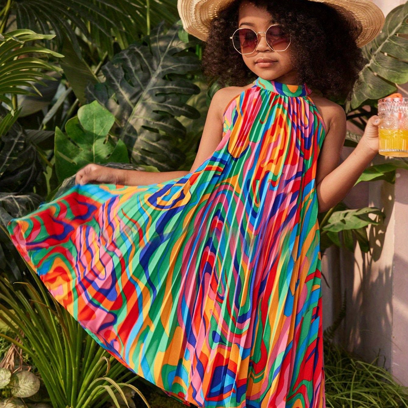 Image of Young Vacation Spring/summer Geometric Pattern Woven Pleated Halter Dress