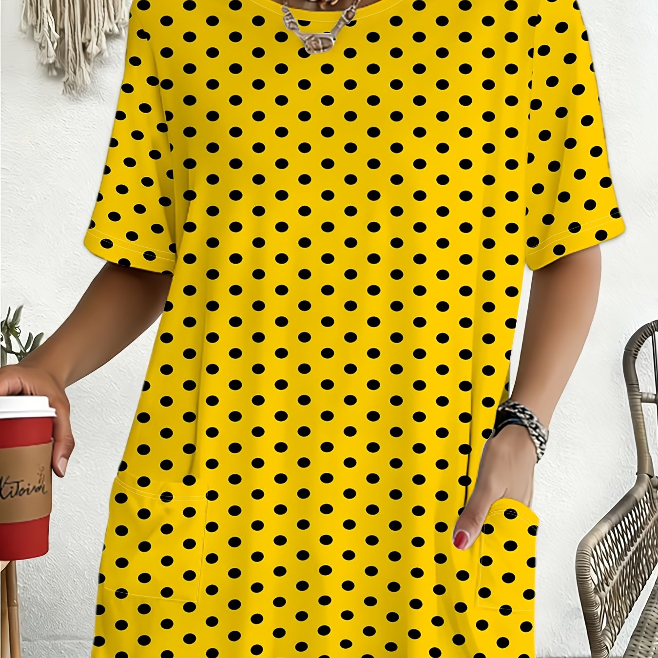 TEMU Women's Yellow Polka Dot Short Sleeve T-shirt, Summer Loose Fit Casual Top, Fashionable Round Neck Versatile Style