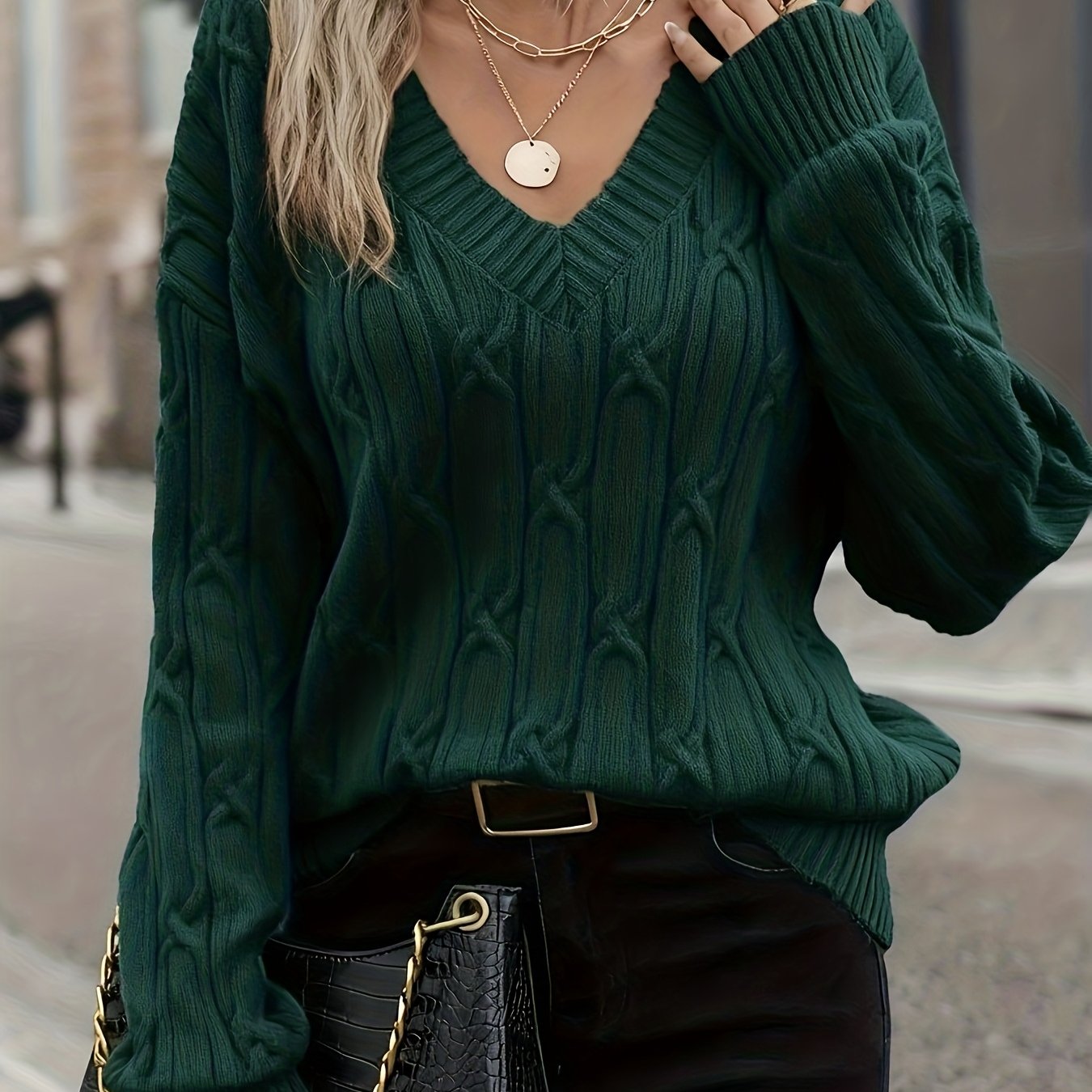 TEMU Ladies' Elegant V-neck Ribbed Sweater