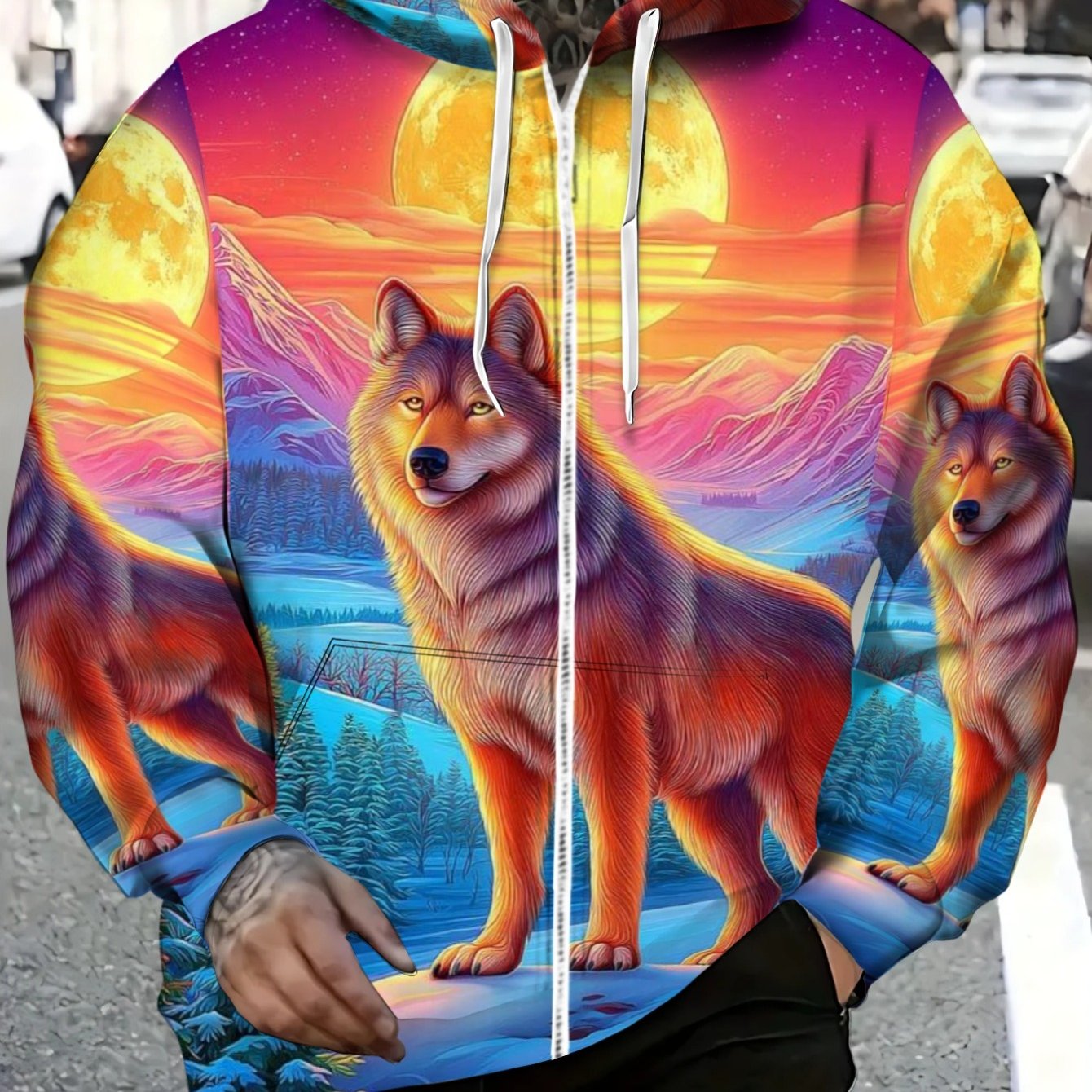 TEMU Men's Polyester Wolf Print Hoodie For , Vibrant Sunset Design, Lightweight And Durable, Perfect For Casual Wear And Nature Exploration