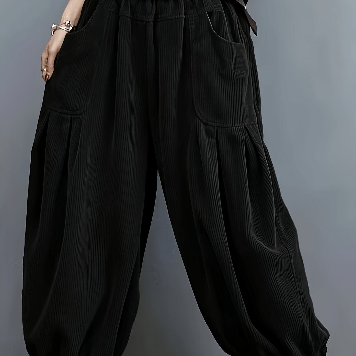 TEMU Grande Taille - Pantalon Large en Velours Vintage pour Femmes, Grande Taille, avec Poches, Pantalon Décontracté pour Automne/Hiver, Ceinture