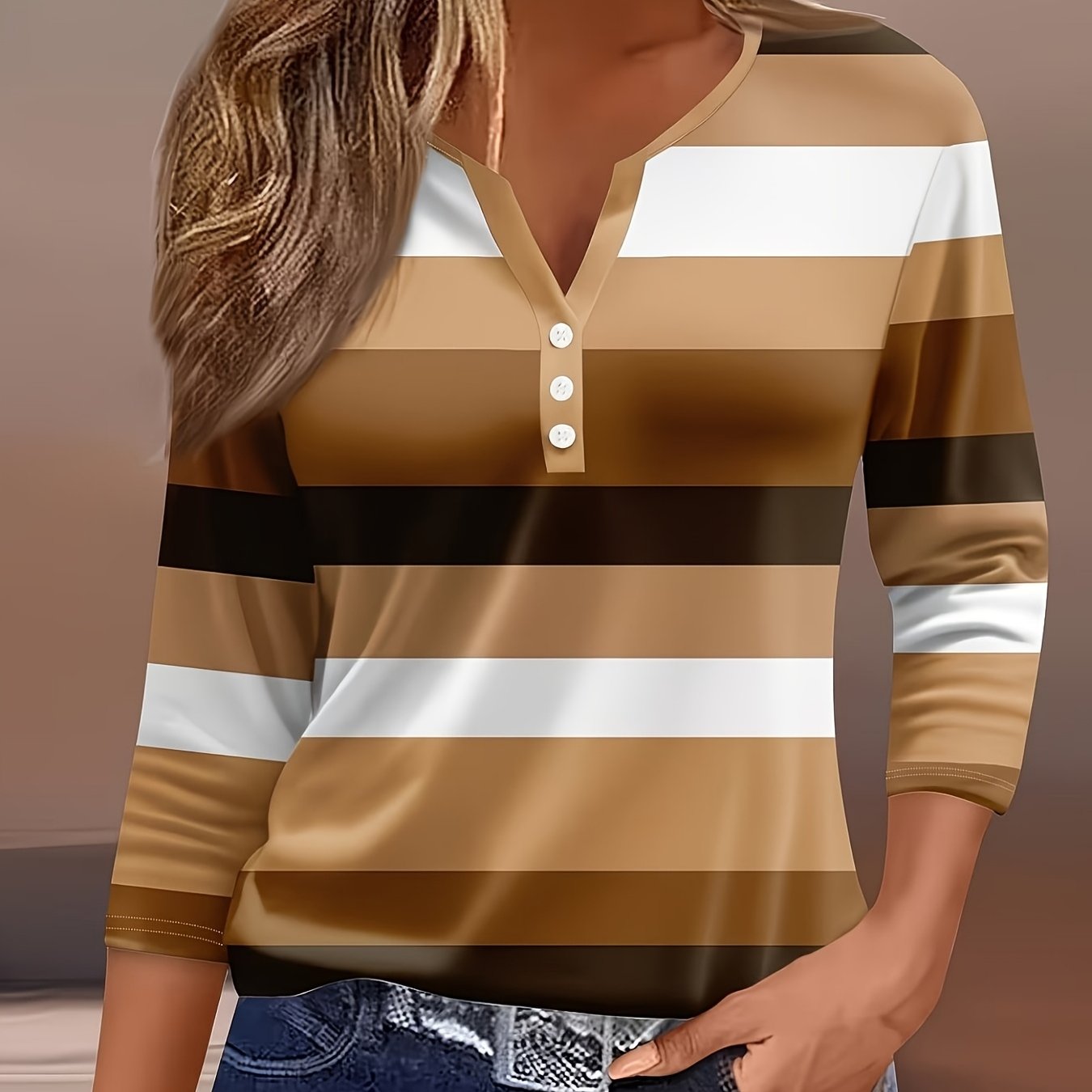 TEMU Women's Fashion Spring/summer New Arrival, , Striped V-neck Three-quarter Sleeve Button-up Loose Fit Casual Base Tee, Versatile Top For Daily