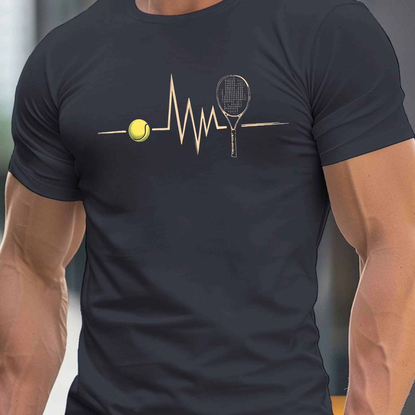 TEMU Tennis Heartbeat Print, Men's Round Crew Neck Short Sleeve Tee, Casual T-shirtcasual Comfy Lightweight Top For Summer