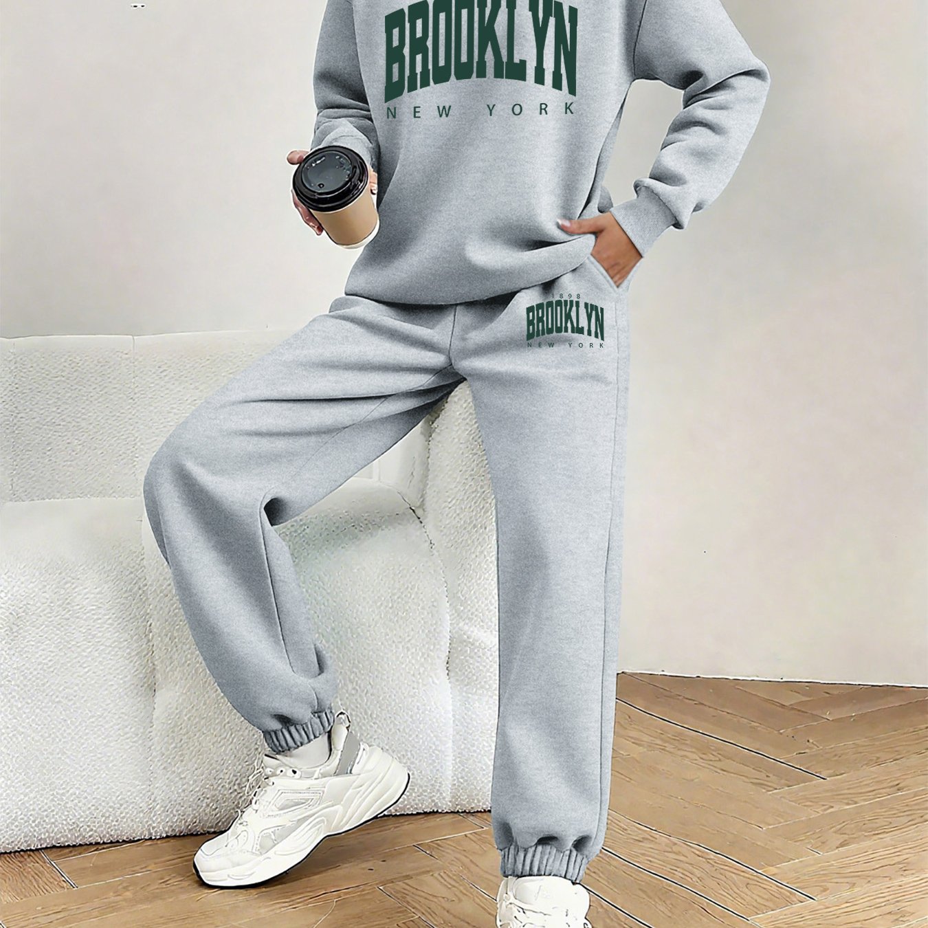TEMU Graphic Print 2 Piece Set, Crew Neck Sweatshirt & Pants, Women's Clothing