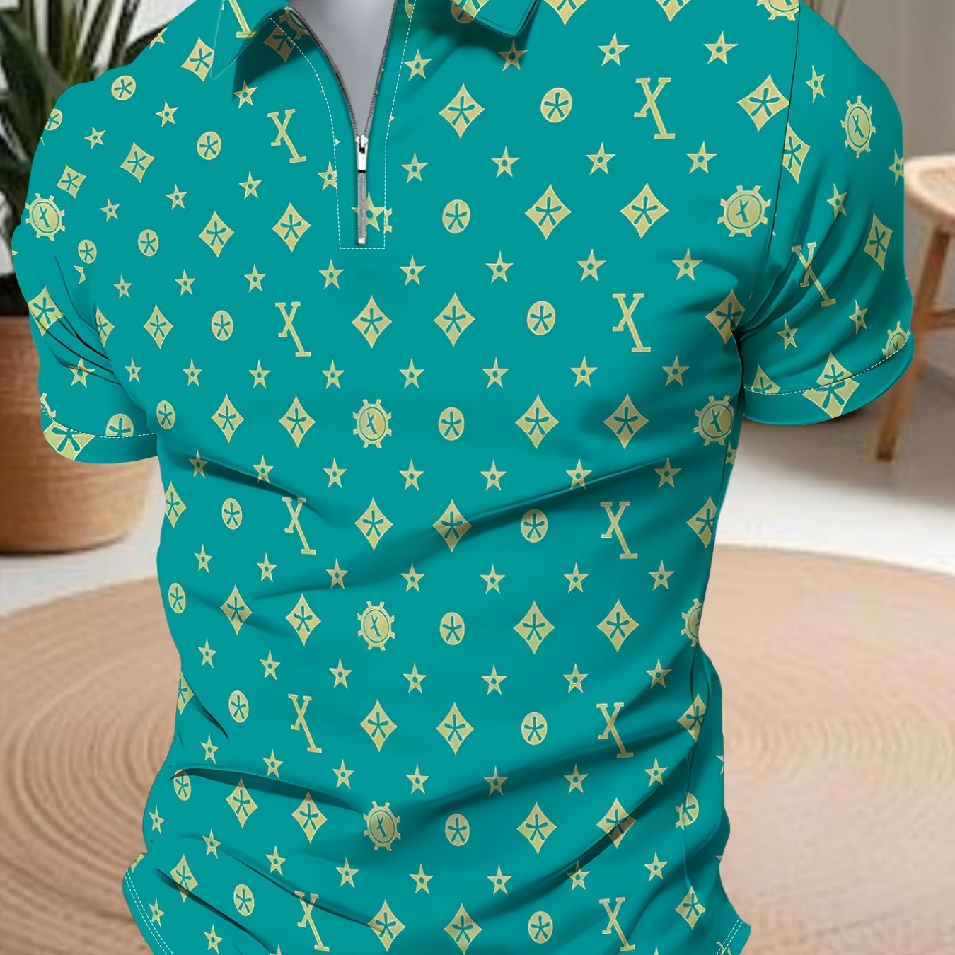 TEMU Men's Black Golden Full Printed Half Zip Shirt, Summer Casual Slim Fit Short Sleeve Top, Trendy Personalized Pattern Lapel T Shirt, Versatile