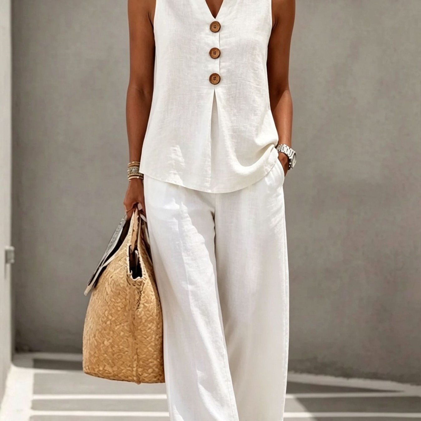 Casual Button- V-neck Pullover Shirt And Pants Set
