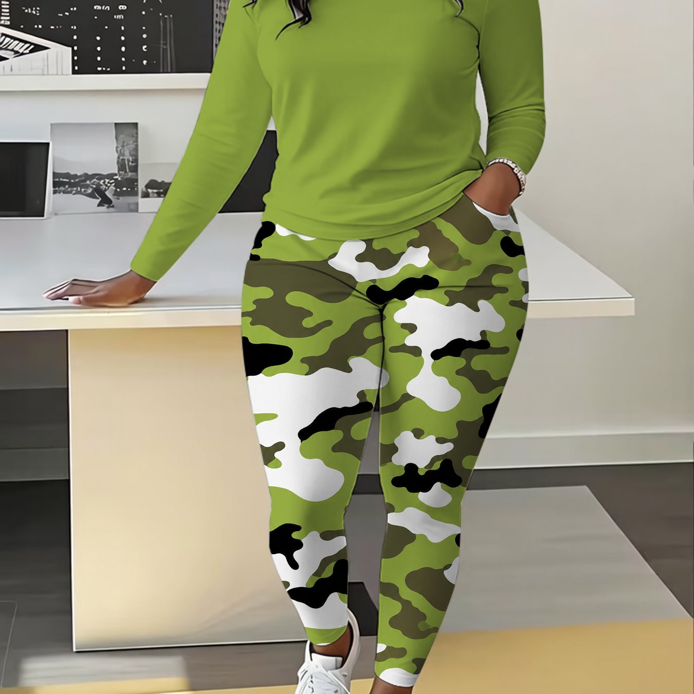 TEMU Plus Size, Plus Size Women's Outfit Set, Solid Print Crew Neck Long Sleeve T-shirt With Pocket Long Pants Set, Fashion Casual Crew Neck Long