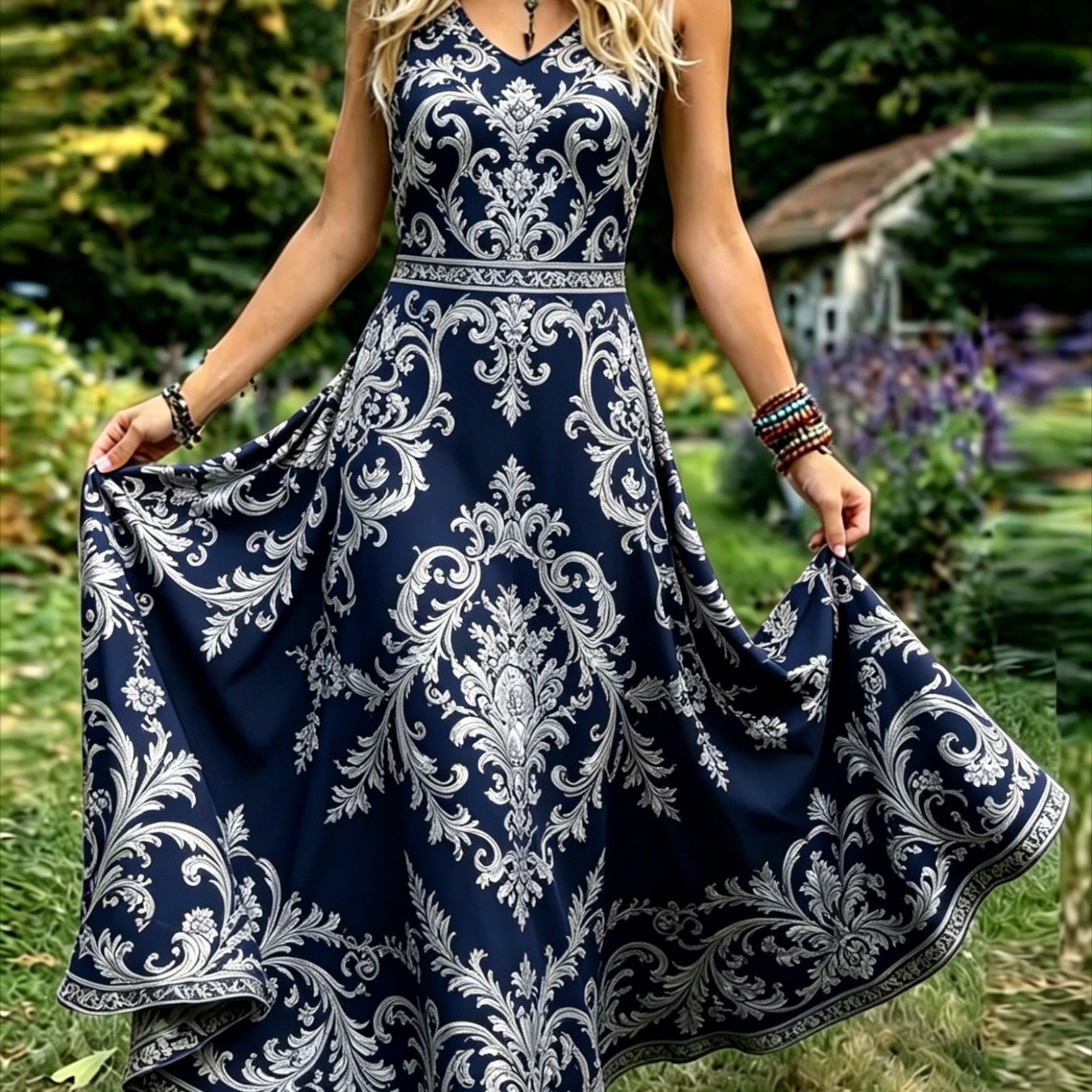 Plus Size - Plus Size - Women's Vintage-style Sleeveless Dress - An Elegant, Casual, Round-neck A-line Maxi Dress. Easy To Care For, Perfect For Daily Wear And Vacation Leisure