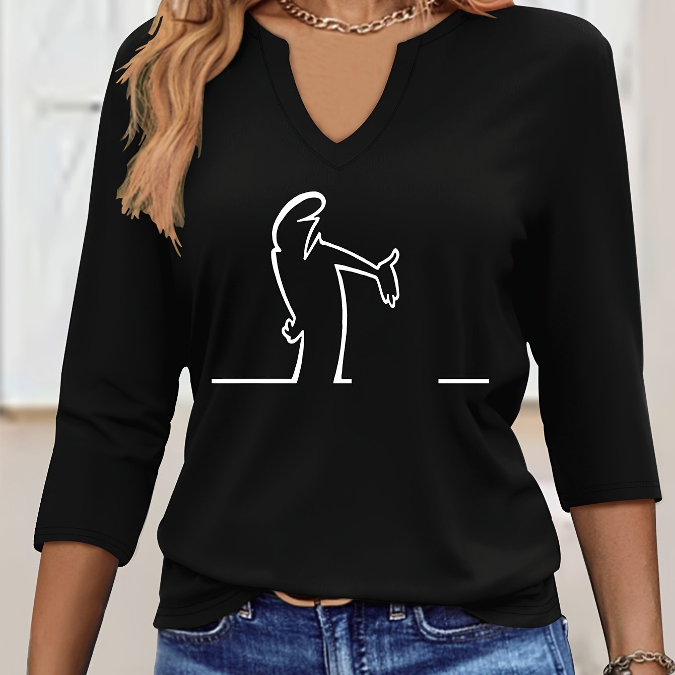 TEMU Maglietta da Donna con Stampa e Scollo a V - Tre , Tessuto Elasticizzato Casual Lavabile in Lavatrice per /Estate con Base Elegante & Design