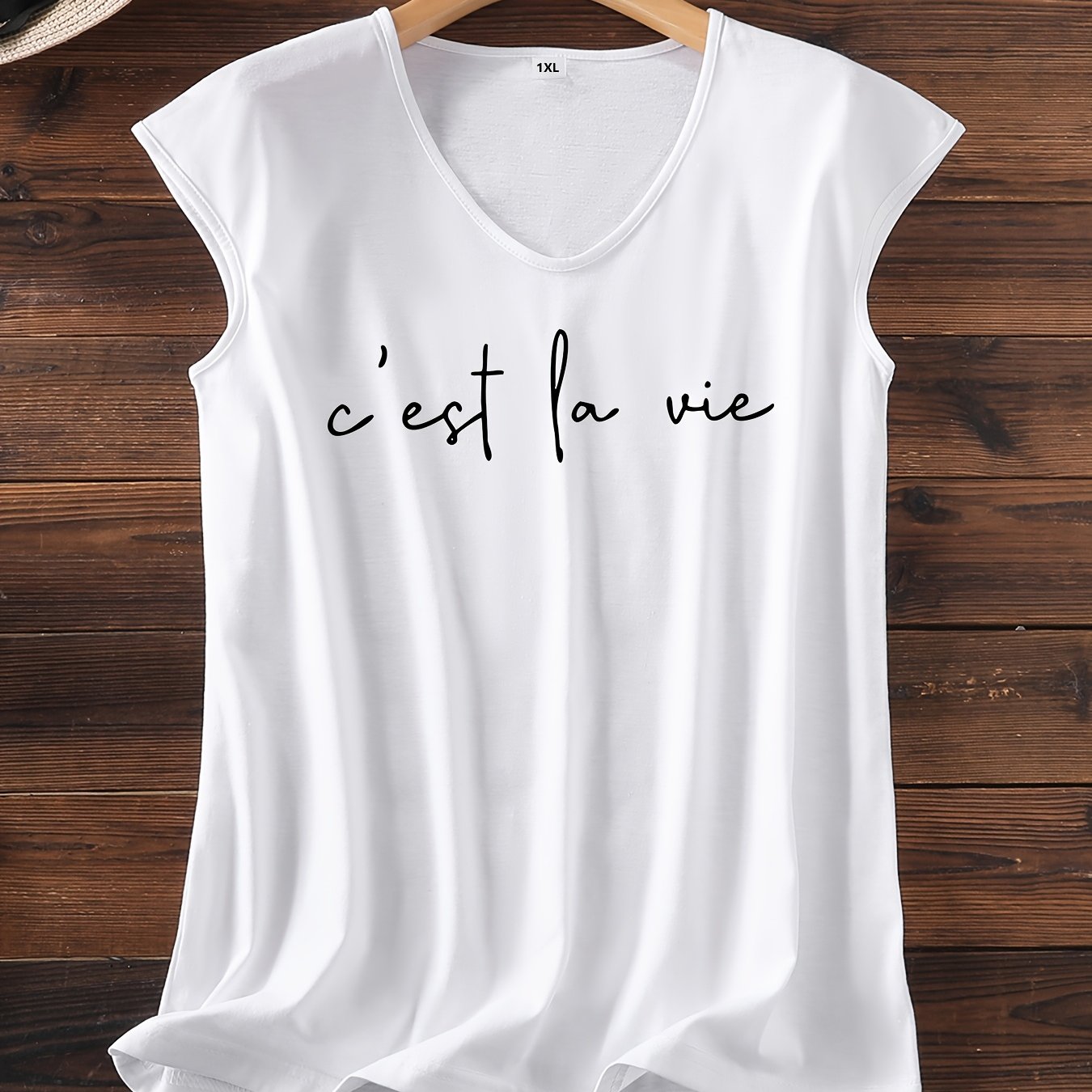 TEMU Plus Size - Plus Size - Sleeveless Casual Plus-size Tank Top With A V-neck, Perfect For Summer, Featuring Stylish Letter Prints For Women