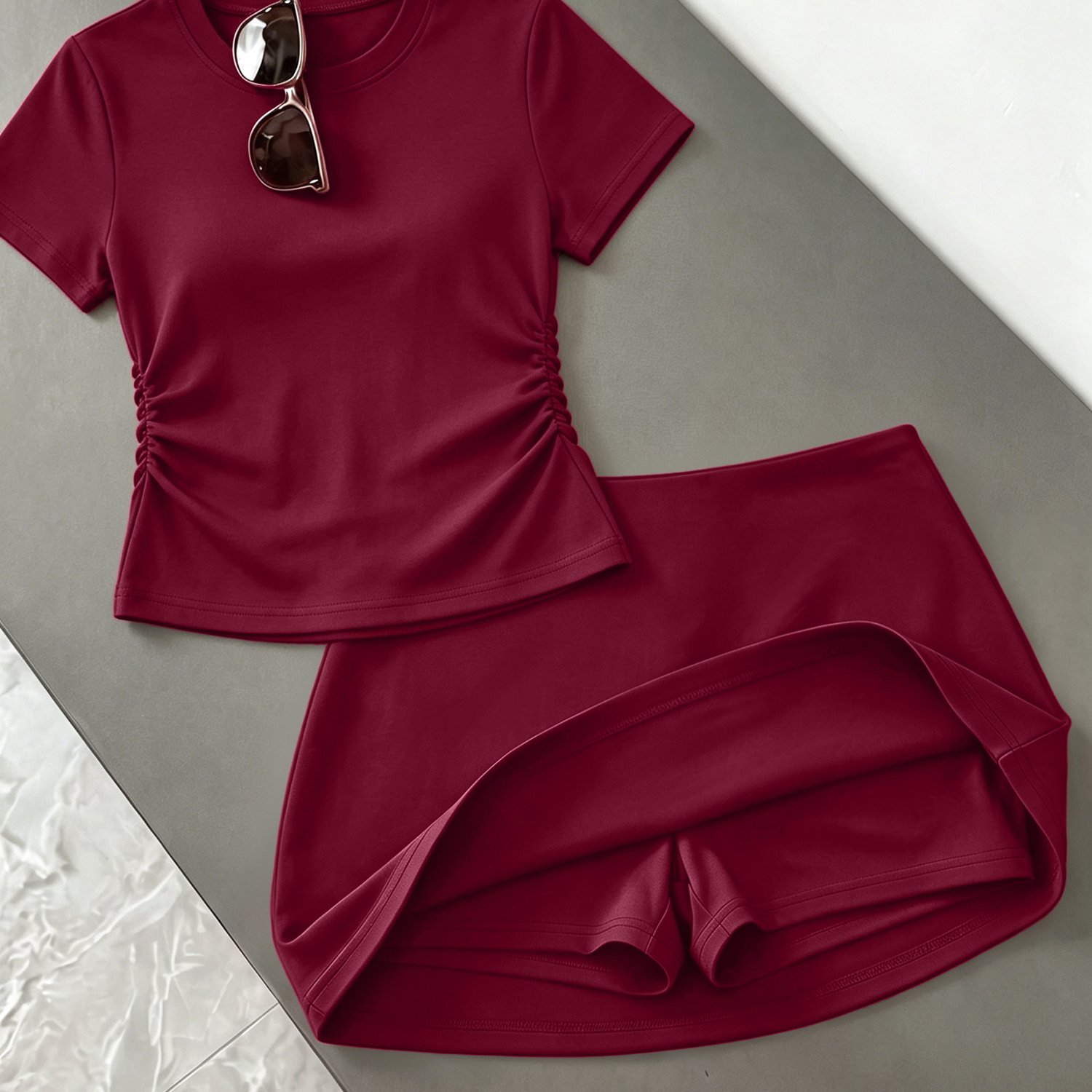 TEMU 2pcs Set For Petite Women: Spring/summer Round Neck Waist-cinching Short T-shirt And High-waist Anti-peek Mini Skirt, -enhancing Casual Hot