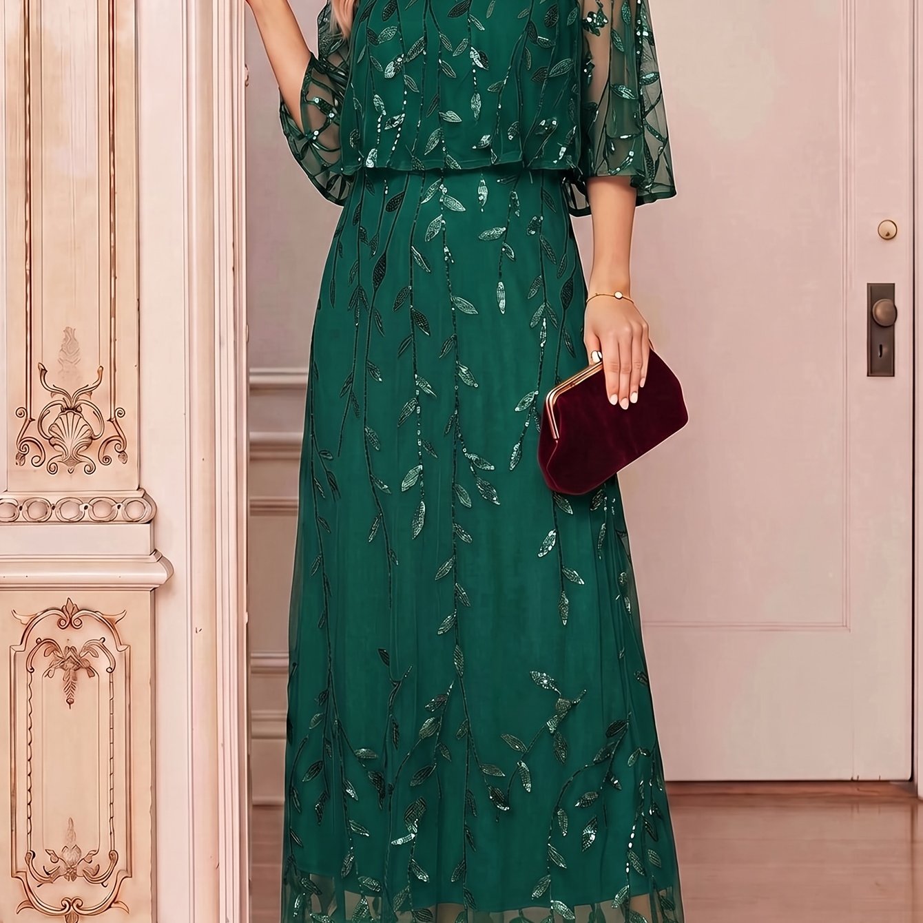 TEMU Women's Leaf Sequin Embroidery Mesh Maxi Dress, Round Neck Cape Flutter Sleeve Formal Long Dress For Wedding Guest Evening Party
