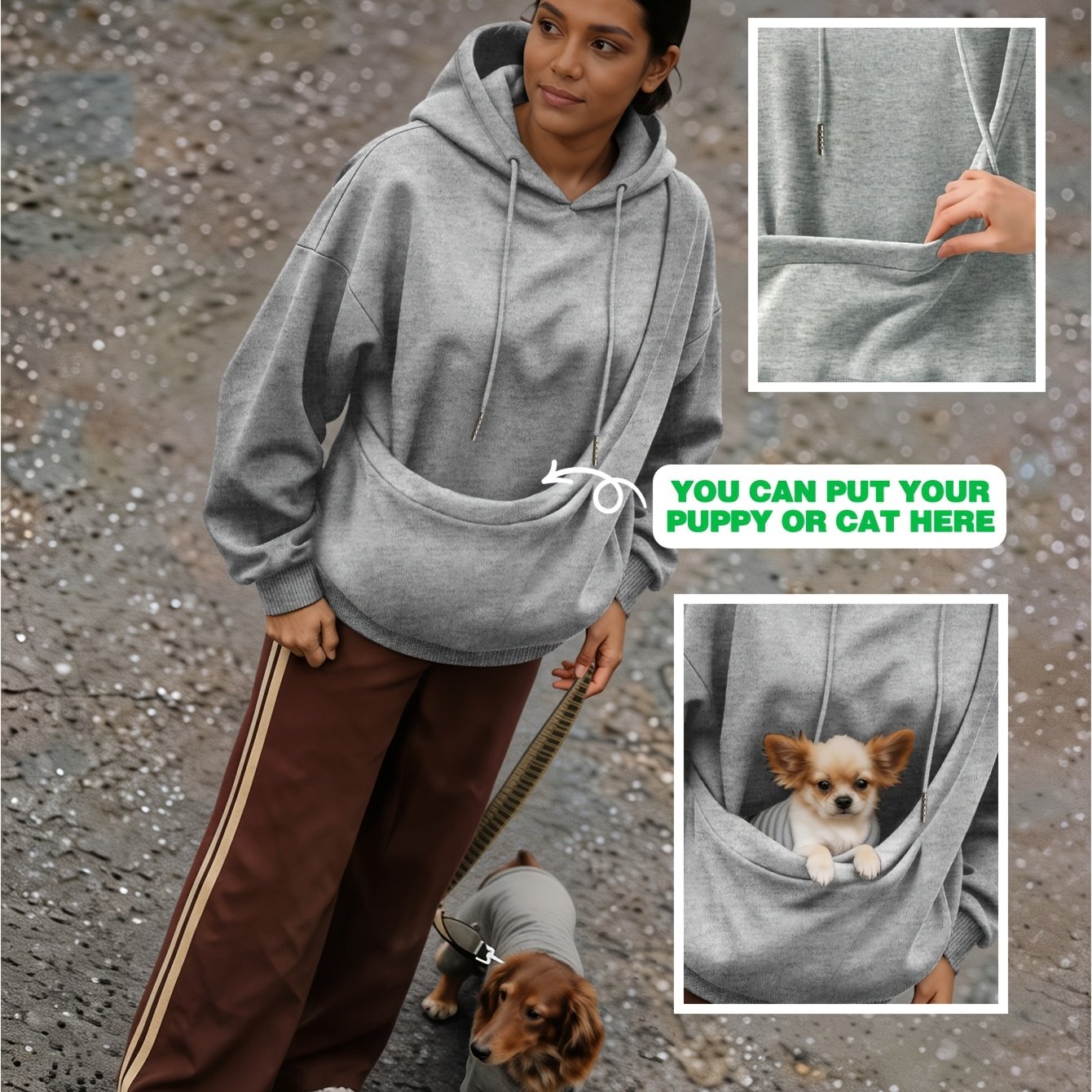 TEMU Women's Loose-fit -lined Hooded Sweatshirt, Solid Color , For Pet Lovers, Built-in Pet Carrying Pocket, Soft And Comfortable, -lined For ,