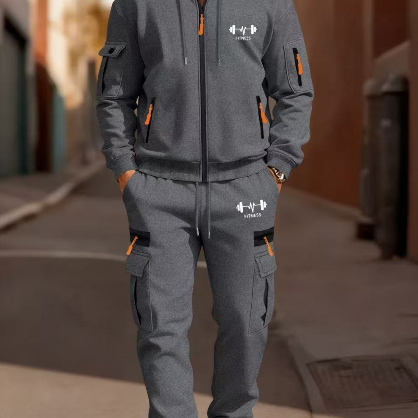 TEMU Men's Hooded Workwear Set With Dumbbell Ecg Print, Comfortable Zip-up Cardigan And Jogger Pants Set