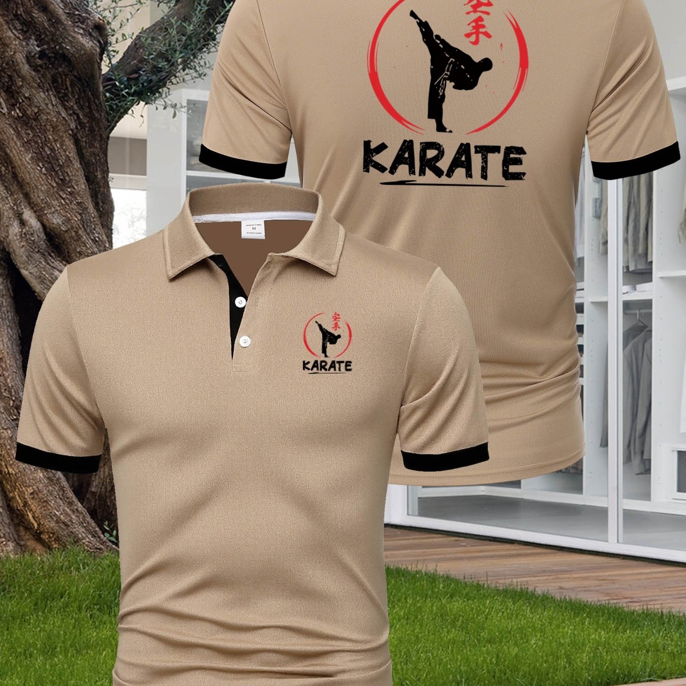 TEMU Men's Fashion Trendy Contrast Collar Shirt Short Sleeve With "karate" Karate Theme Pattern Front And Back Print, Soft Regular Stretch Fabric,