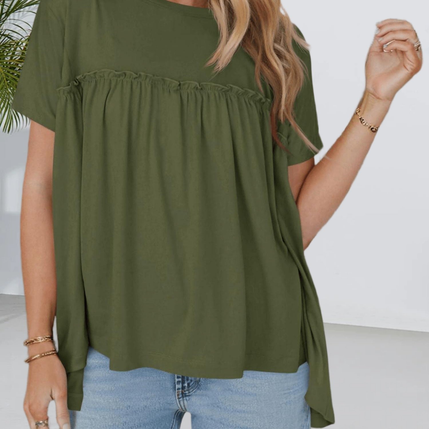 Image of Stylish Pleated Babydoll Peplum Blouse For Women - Casual Summer Top With Short Sleeves And Crew Neck