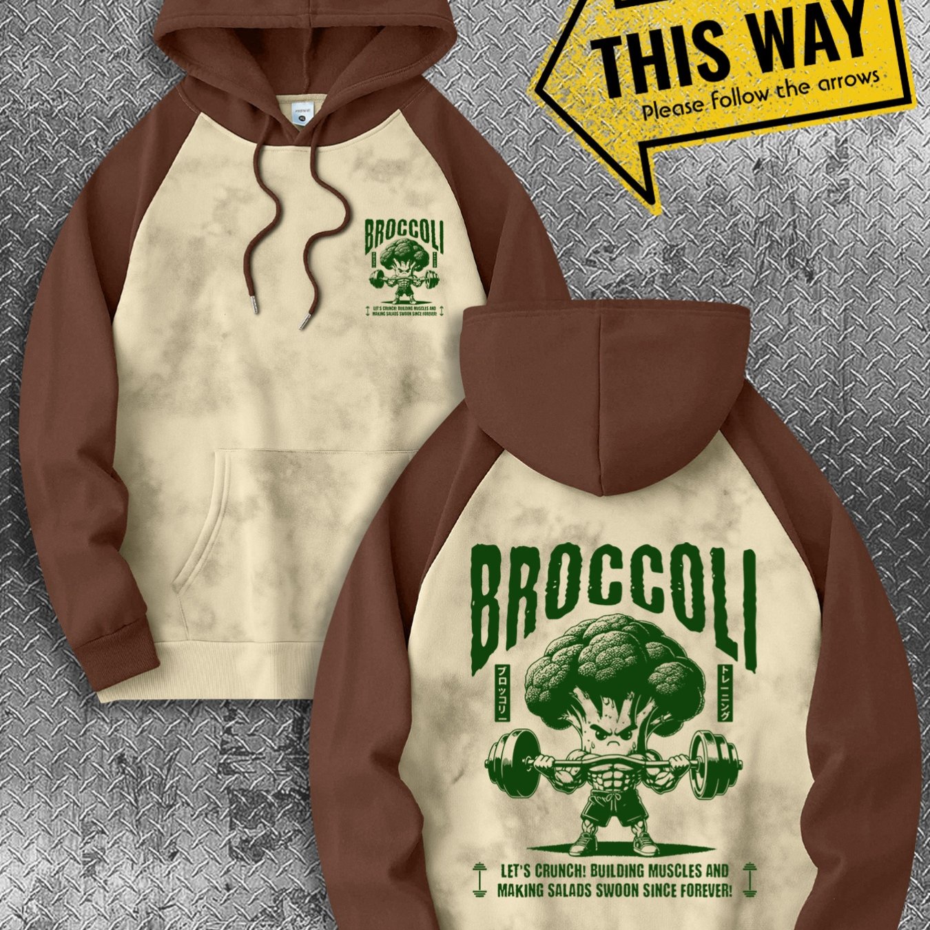 TEMU Herren Hoodie - Beige & Grün Color Block Gym Sweatshirt, BROCCOLI Gewichtheben Grafik Pullover, Kapuzenpullover mit Fronttasche für Workout &