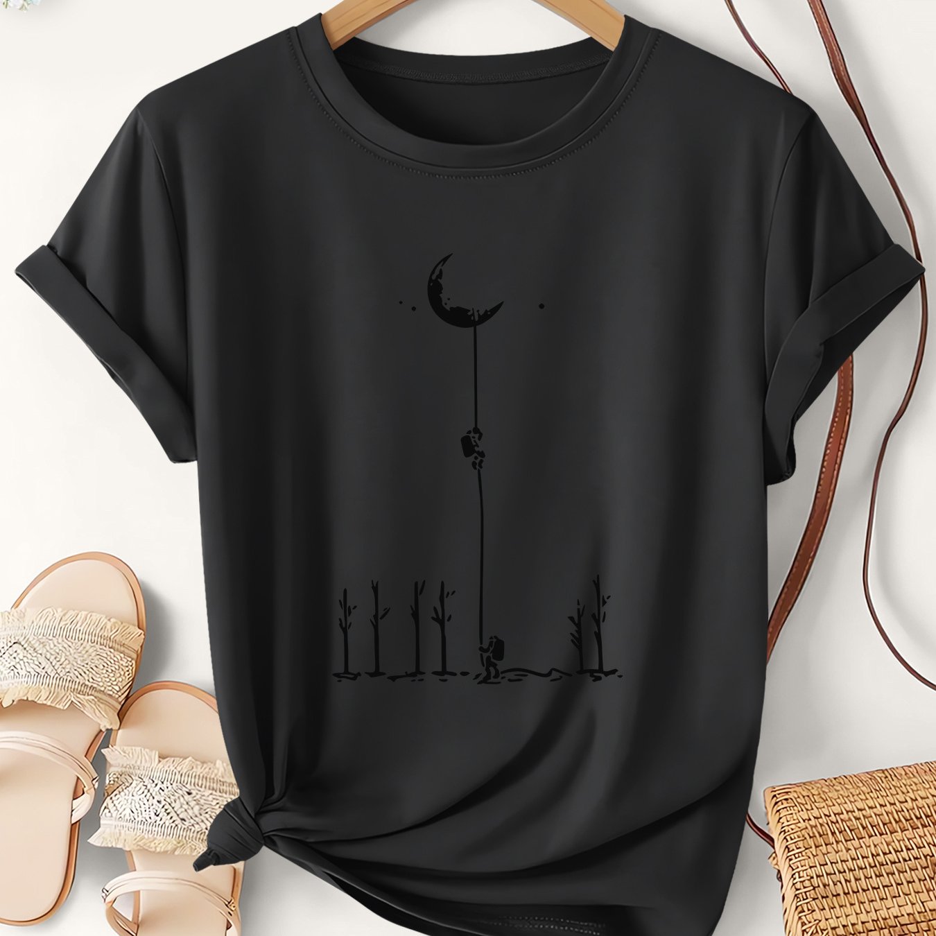 Image of A Moon And Design Pure T-shirt Women's T-shirt High Quality T-shirt Summer Casual Wear For Gift For Who Love Minimal Art