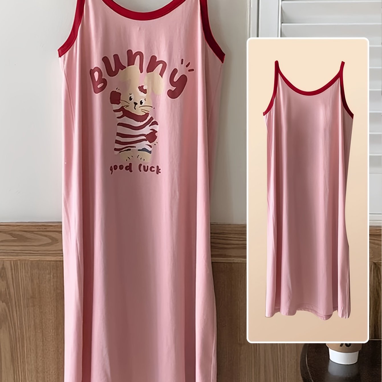 TEMU 1pc Women's Cute Sleeveless Nightgown - Mid-length Lightweight Summer Sleepshirt With "bunny Good Luck" Graphic, Loose Fit Casual Homewear &