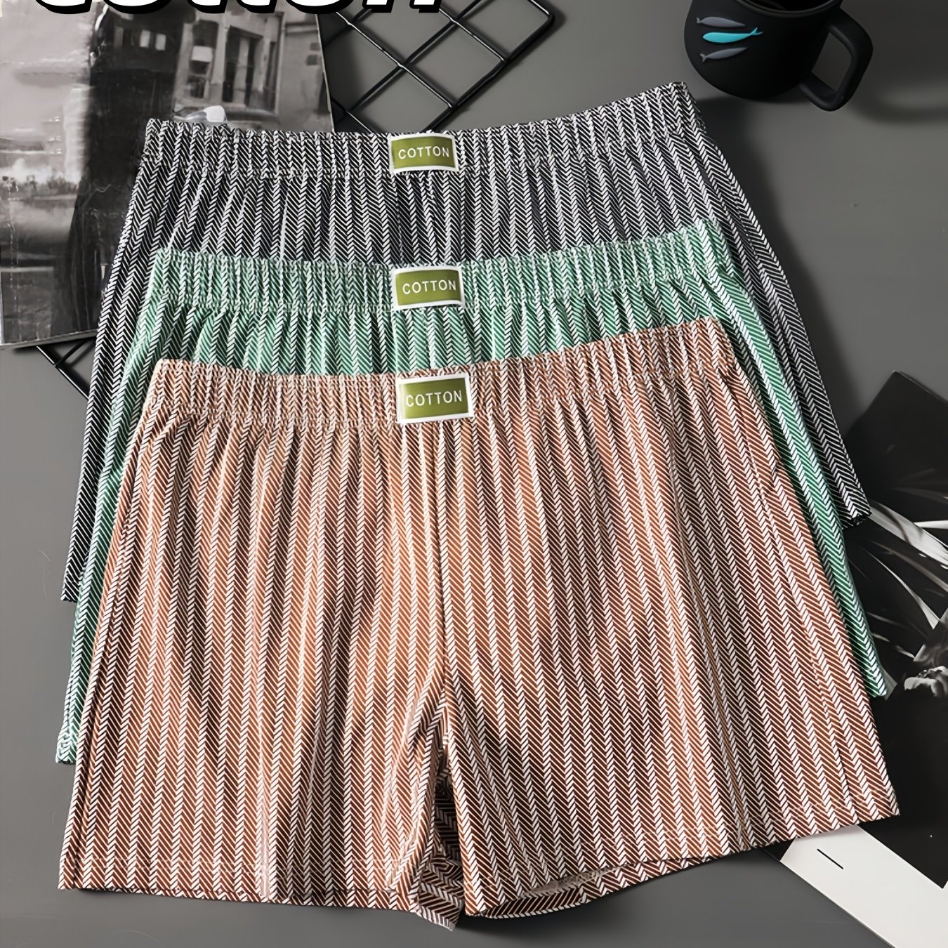 Image of 3pcs Men's Boxer Briefs, Made Of 95% And 5% Elastane, Loose And Comfortable For , American-style Vintage Stripes, Everyday Casual Men's Boxer Underwear