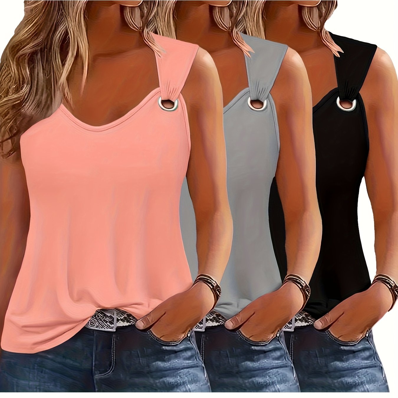 TEMU Summer Women's Tank Top Set Of 3 - Sleeveless V-neck Shirts, Machine Washable, Solid Color Casual Vests For Spring And Summer