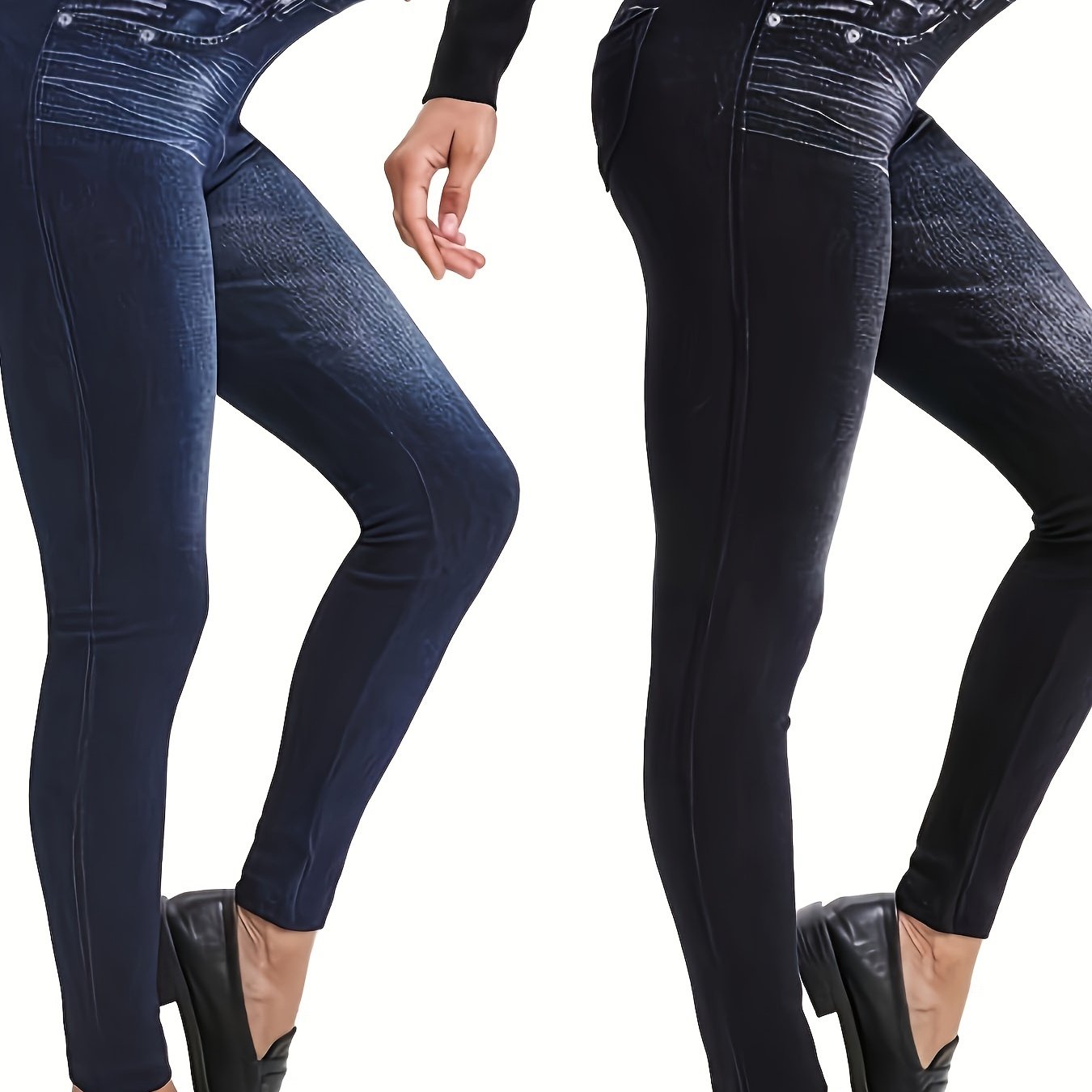 TEMU Fashion- Fit, Elegant 2pcs Denim Print Leggings For Women - High Stretch, Machine Washable, Casual & Running Pants