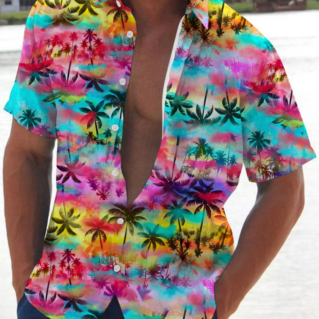 Image of Men's Tropical Print Hawaiian Shirt - Vibrant Palm Trees & Sunset , Casual Button-up Collar, Non-stretch Fabric, Regular Fit, Perfect For Summer Outfits