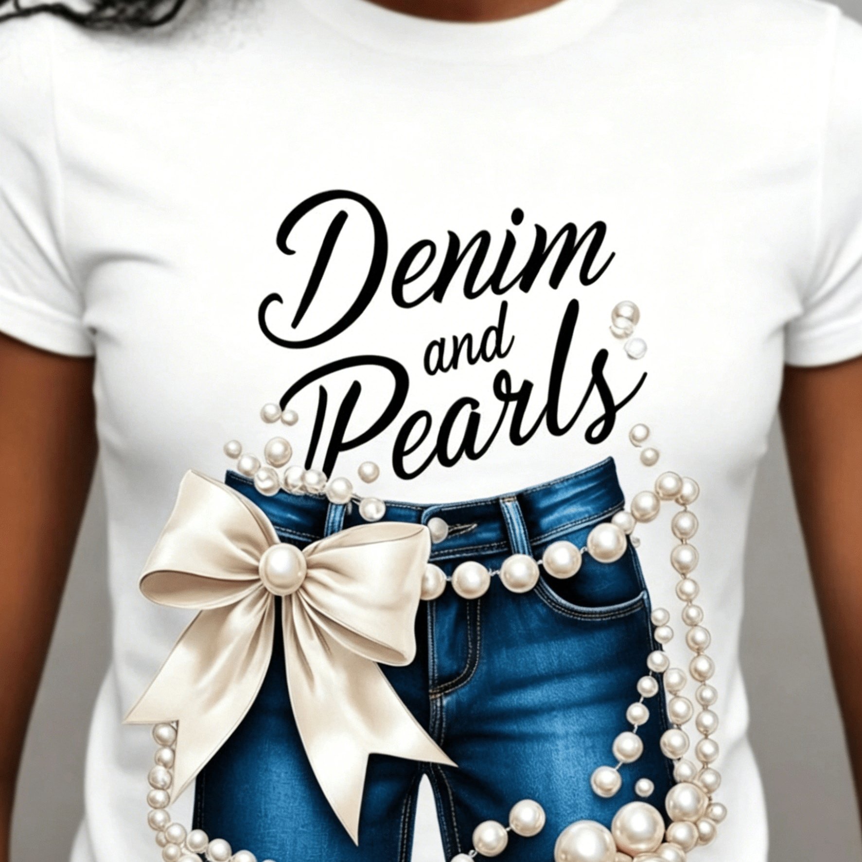 TEMU Women's Denim And Pearl T-shirt With Tassel-like Bow- White Western Cowgirl Short Sleeve Top, Breathable Round Neck Casual Summer Shirt, Machine