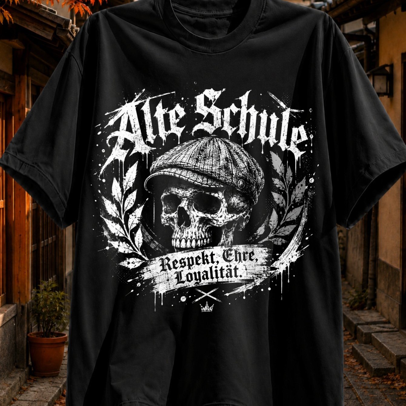 Image of With Old-school Styling Leaves And Ehre Loyalitat Lettering In Splattered Gothic Art Unisex All T-shirt