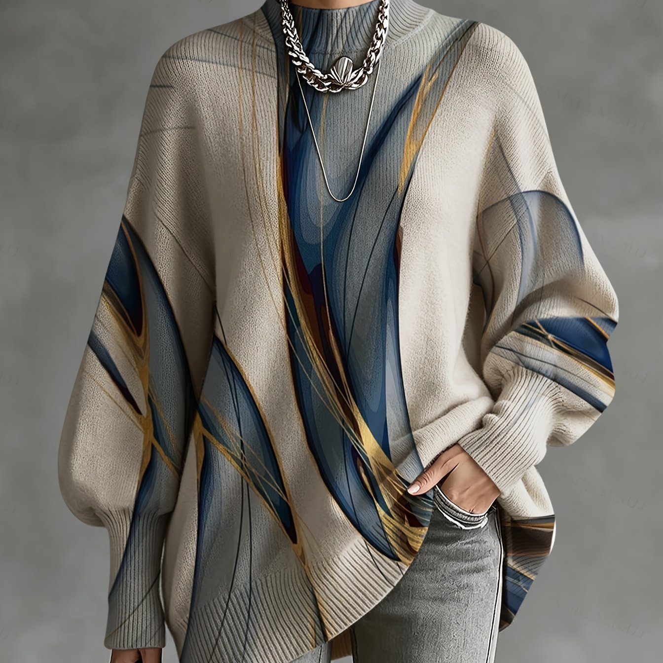 TEMU Women' Lightweight Sweater With Gradient Abstract Print & Lantern Sleeves - Soft Oversized Fit Sweater Suitable For Afternoon Tea, Dates,