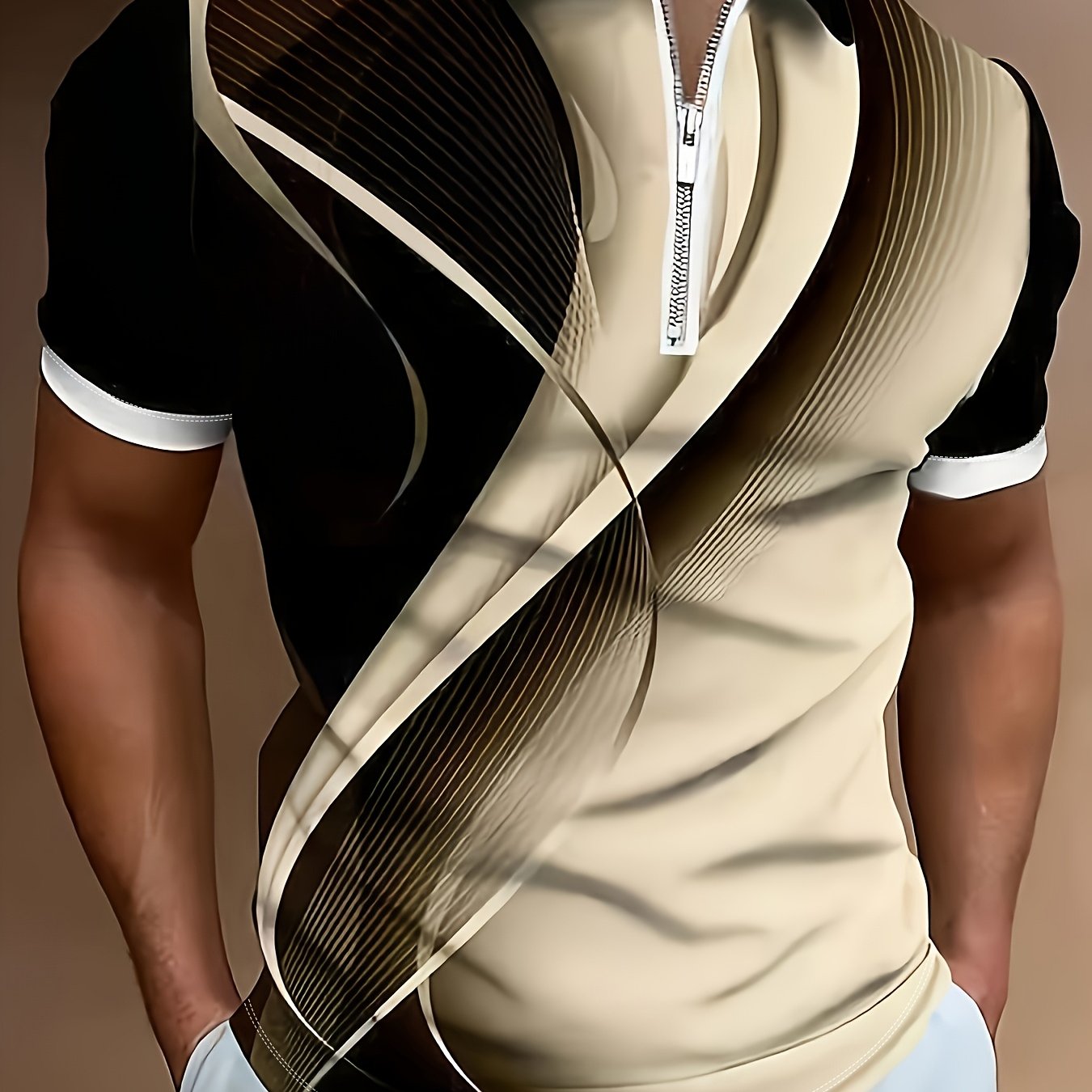 TEMU A Short-sleeve Shirt For Men With A Half-zip And A Collared Design, Showcasing A Black And White Gradient Stripe Pattern, Made From Breathable