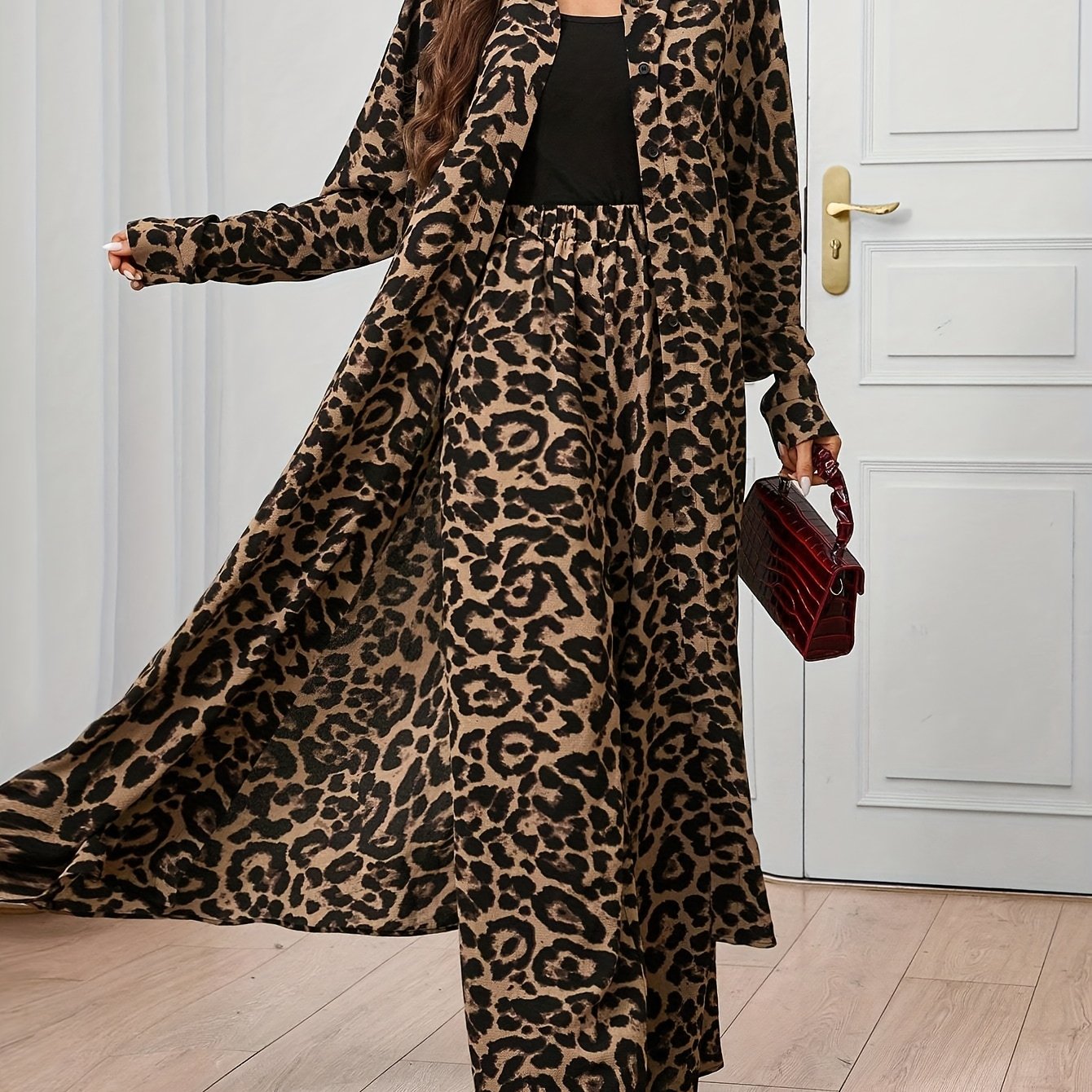 E-shop Damenset mit Leopardenmuster Langarmshirt Hose, Herbst