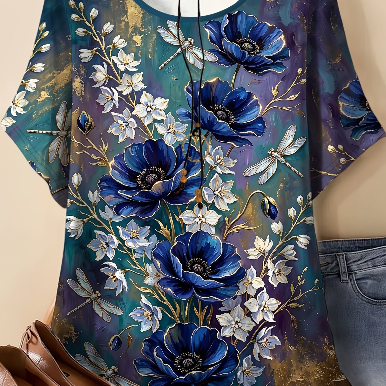 TEMU Women's Plus Size Round Neck Short Sleeve T-shirt, Light Luxury Blue Floral Dragonfly Vintage Print Soft Breathable Casual Daily Shopping
