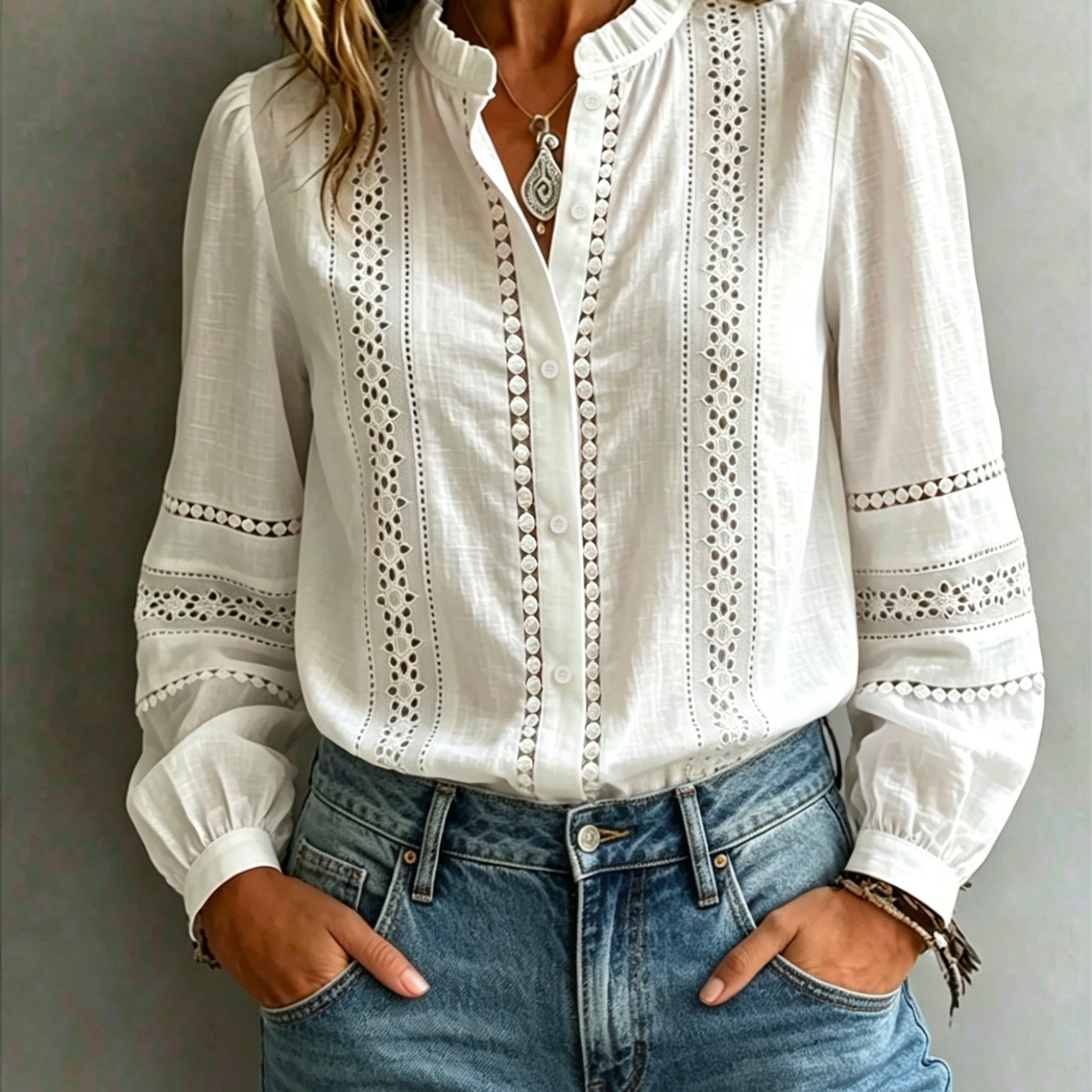 TEMU Stand Collar Lace Casual Temperament Hollow Long Sleeve Shirt, Casual Temperament Elegant Long Sleeve Top, Women's Clothing [zllz]