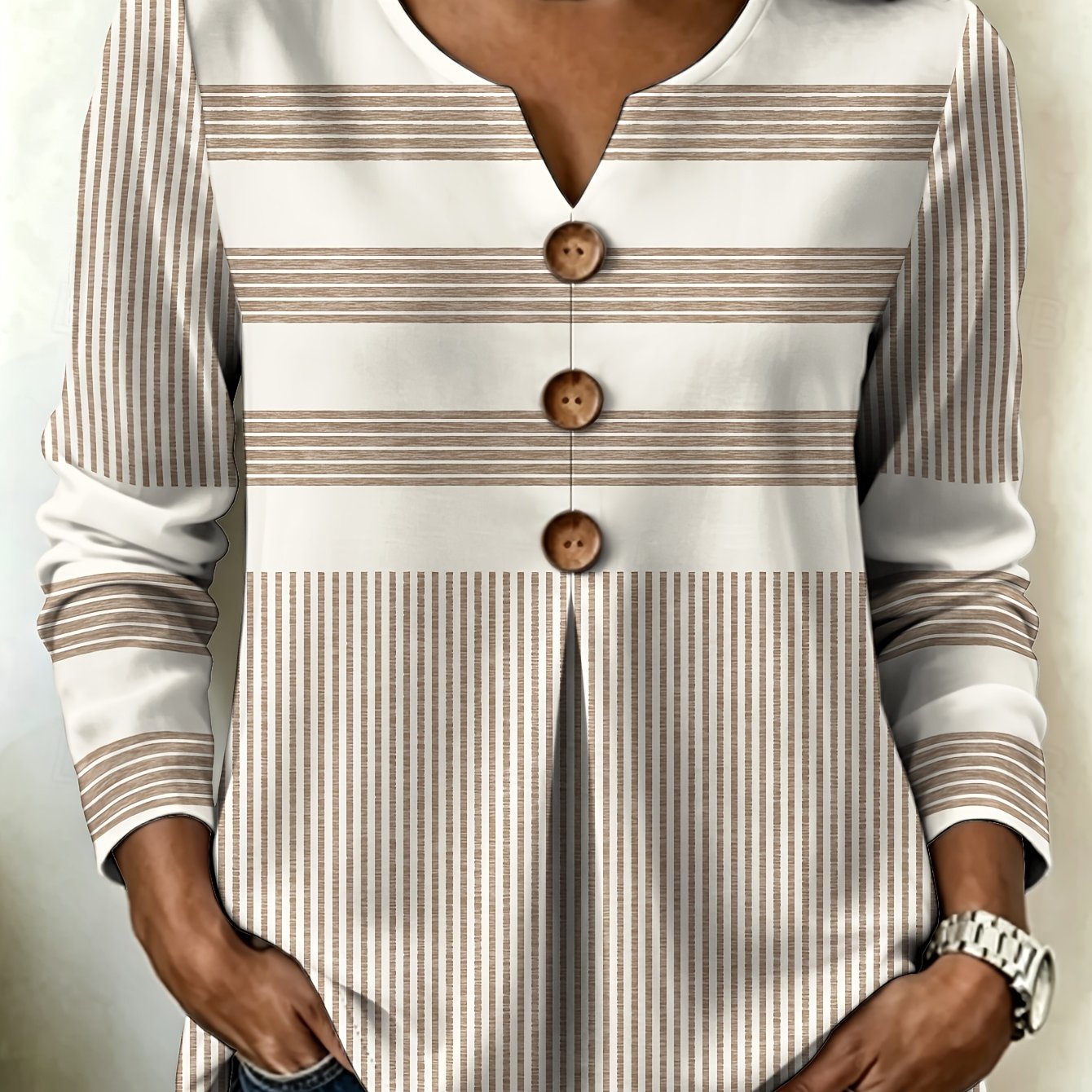 TEMU Plus Size, Plus Size Women's Color Block Striped Print V-neck Long Sleeve Shirt, Loose Fit Tummy Control Wooden Button Casual Versatile Commuter