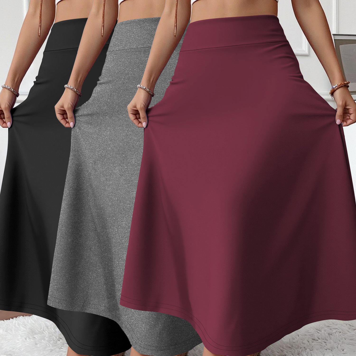 TEMU Recommends Autumn Women's High-waisted Elastic Skirt 3pcs Set, Large Flared Version Hides And , Versatile And , Suitable For Work, Shopping And