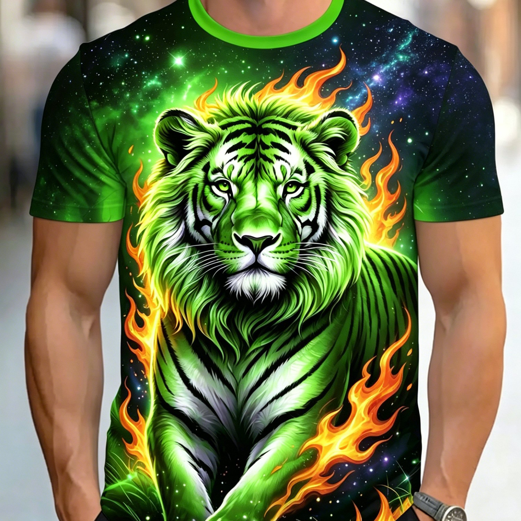 TEMU [printeddesign-nottextured] Tiger Flame Starry Plus Size Men's Short Sleeve T-shirt, Plus Size Loose Fit Round Neck Casual Summer