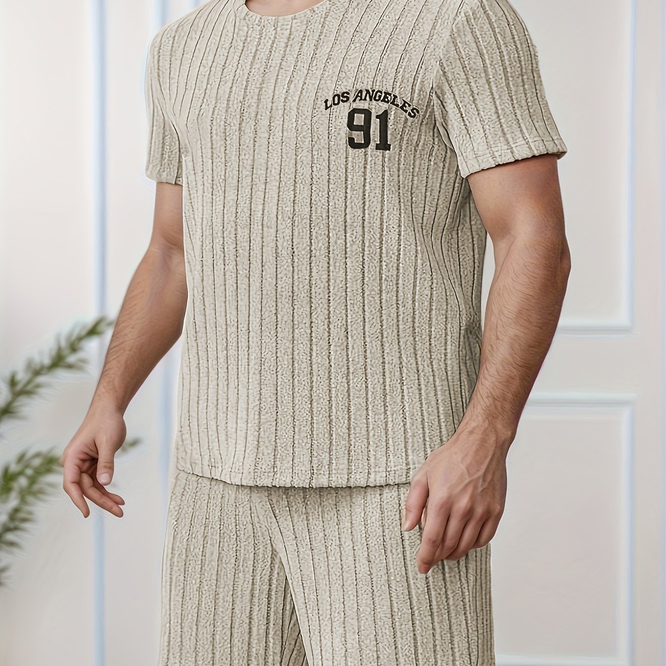 Men's Short-sleeve Pajama Set With Striped Texture And Letter Print
