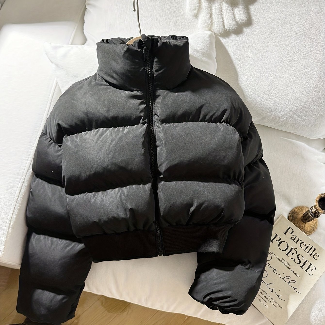 Girls' Thick -lined Black Short Zip-up Warm Winter Jacket For Autumn And Winter