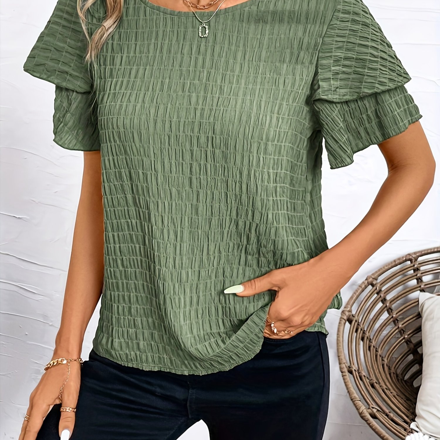 TEMU Women's Summer Elegant Double-layer Fitted Round Neck Top