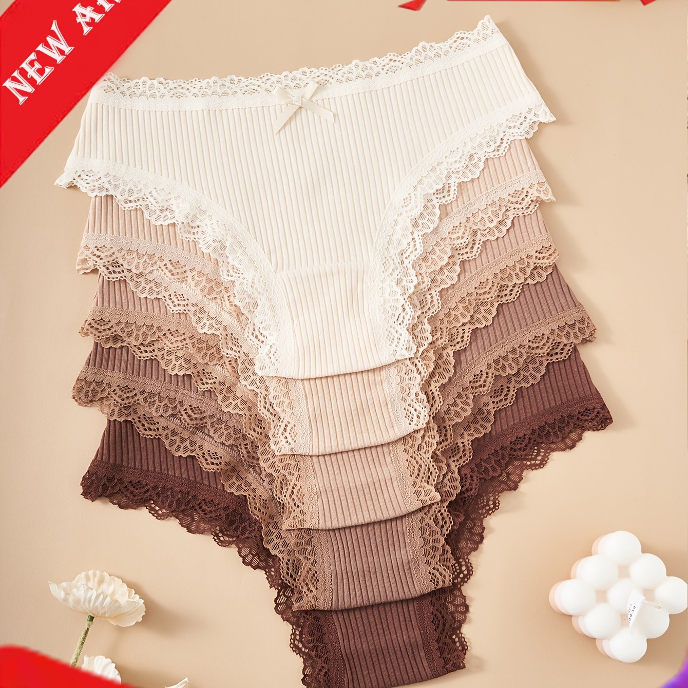 5pcs Set Of Women's Lace Panties, Lace , Bow Decor, Striped Style Women' Panties, Dark- Women's Underwear, Comfortable And Skin-friendly, 's Lingerie
