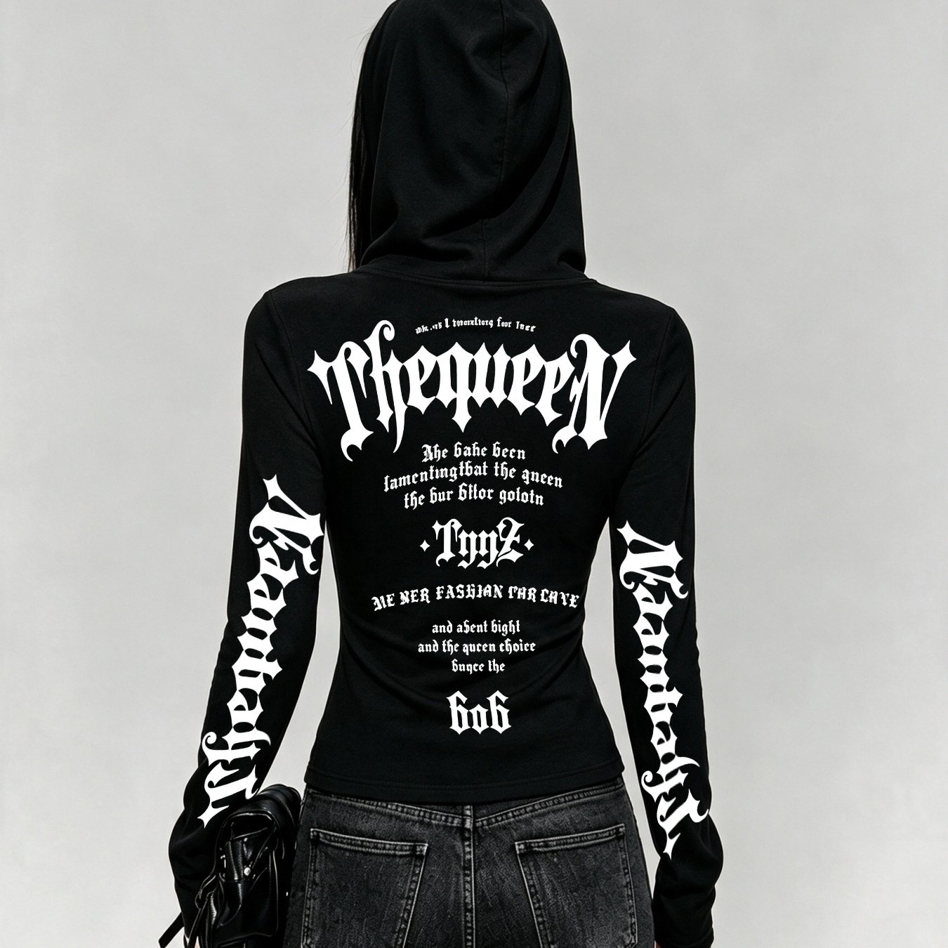 TEMU Gothic Lettering Hooded Long-sleeve T-shirt For Women, Niche Hot Slim Fit Flattering Printed Hoodie Top