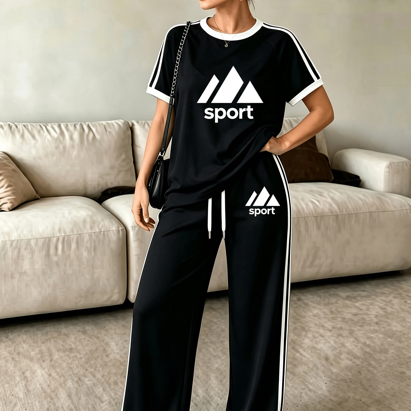 TEMU 2pcs Women's Short Sleeve And Long Pants Set, Standard Size, Printed Color-, Comfortable And Soft, For , Leisure, And Sports, With Long