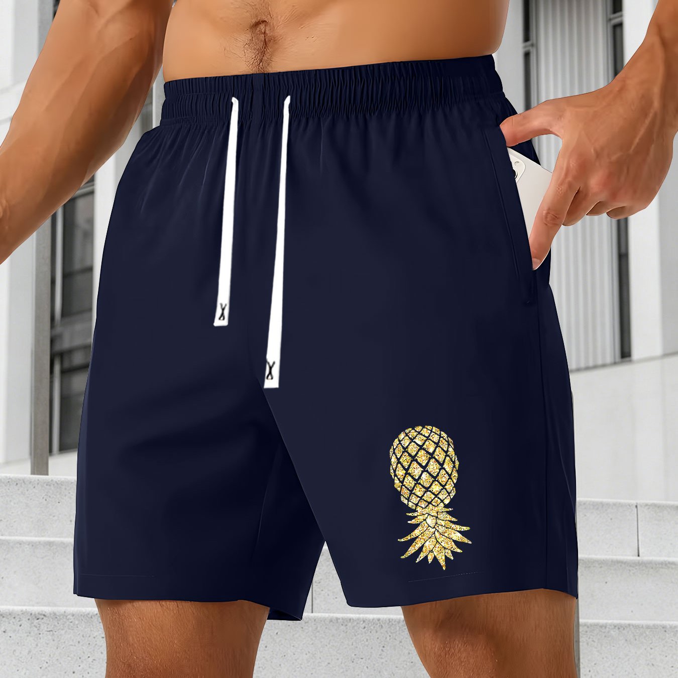 TEMU Men's Summer Fashion Shorts With Golden Pineapple Print, Drawstring Casual Fitness Wear For Outdoor And Home, Summer Shorts Beach Pants
