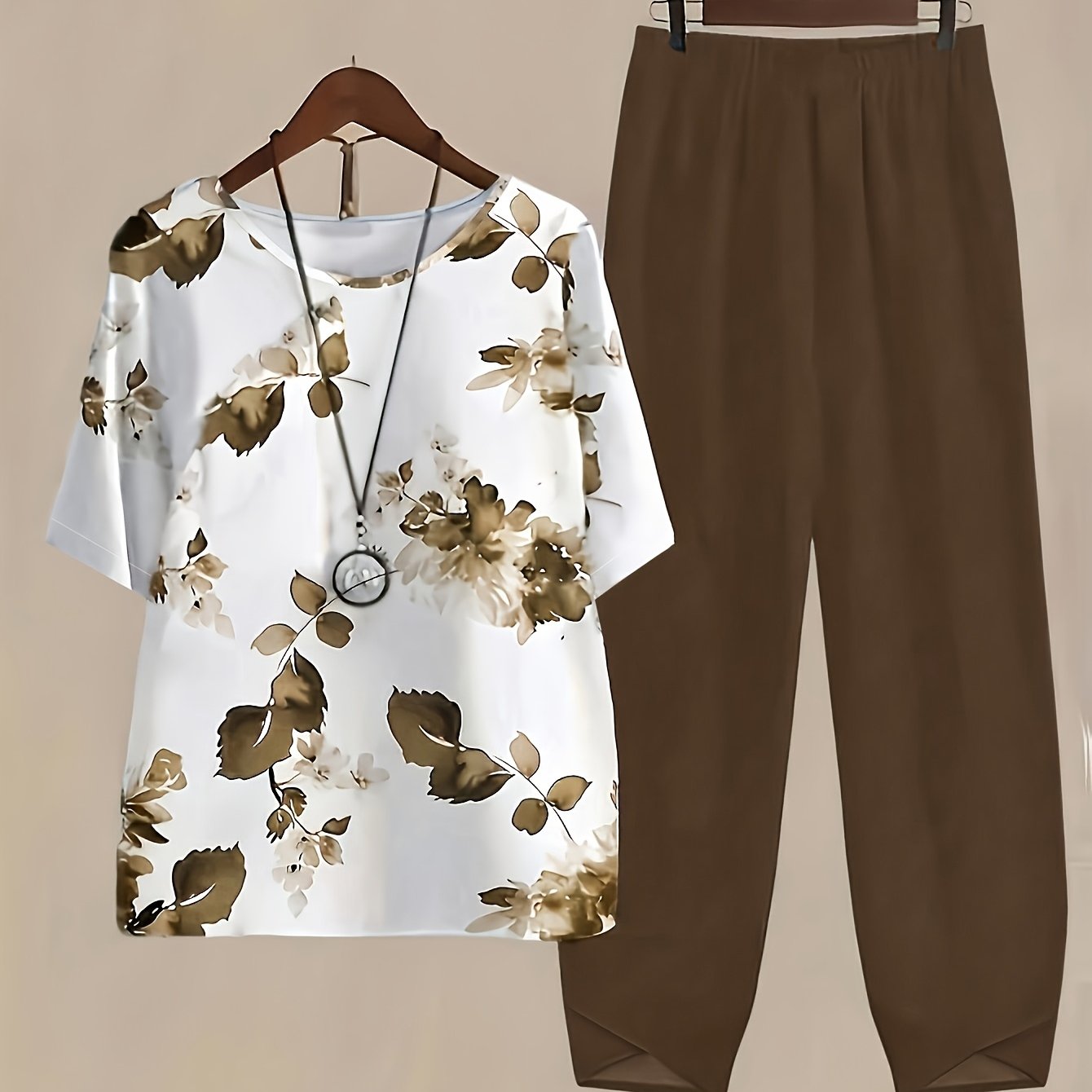 TEMU Short Sleeve Printed Round Neck Casual Set