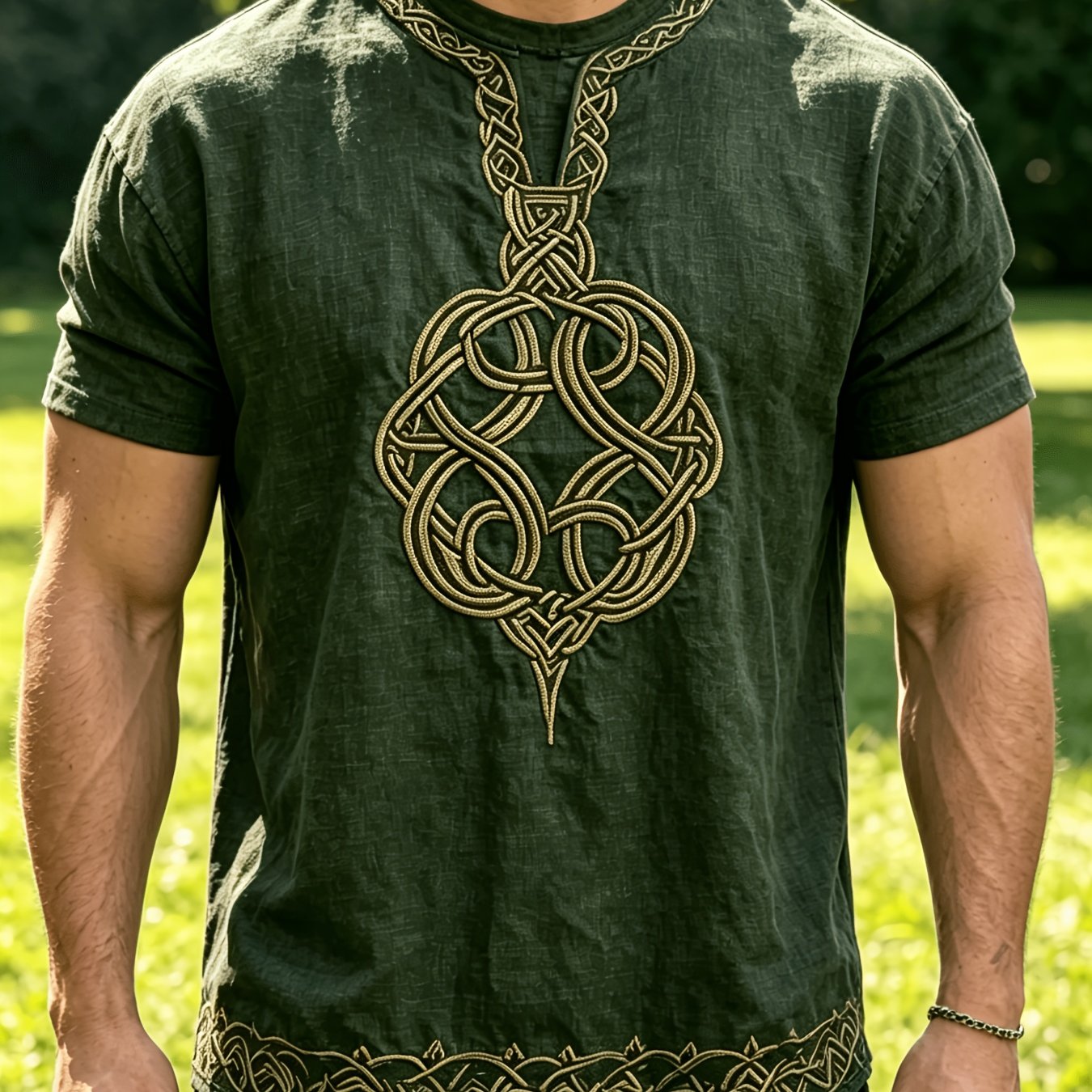 TEMU Men's Celtic Knot Pattern Print T-shirt, Vintage Mysterious Style Loose Fit Short Sleeve, Spring/summer Personality Streetwear Versatile