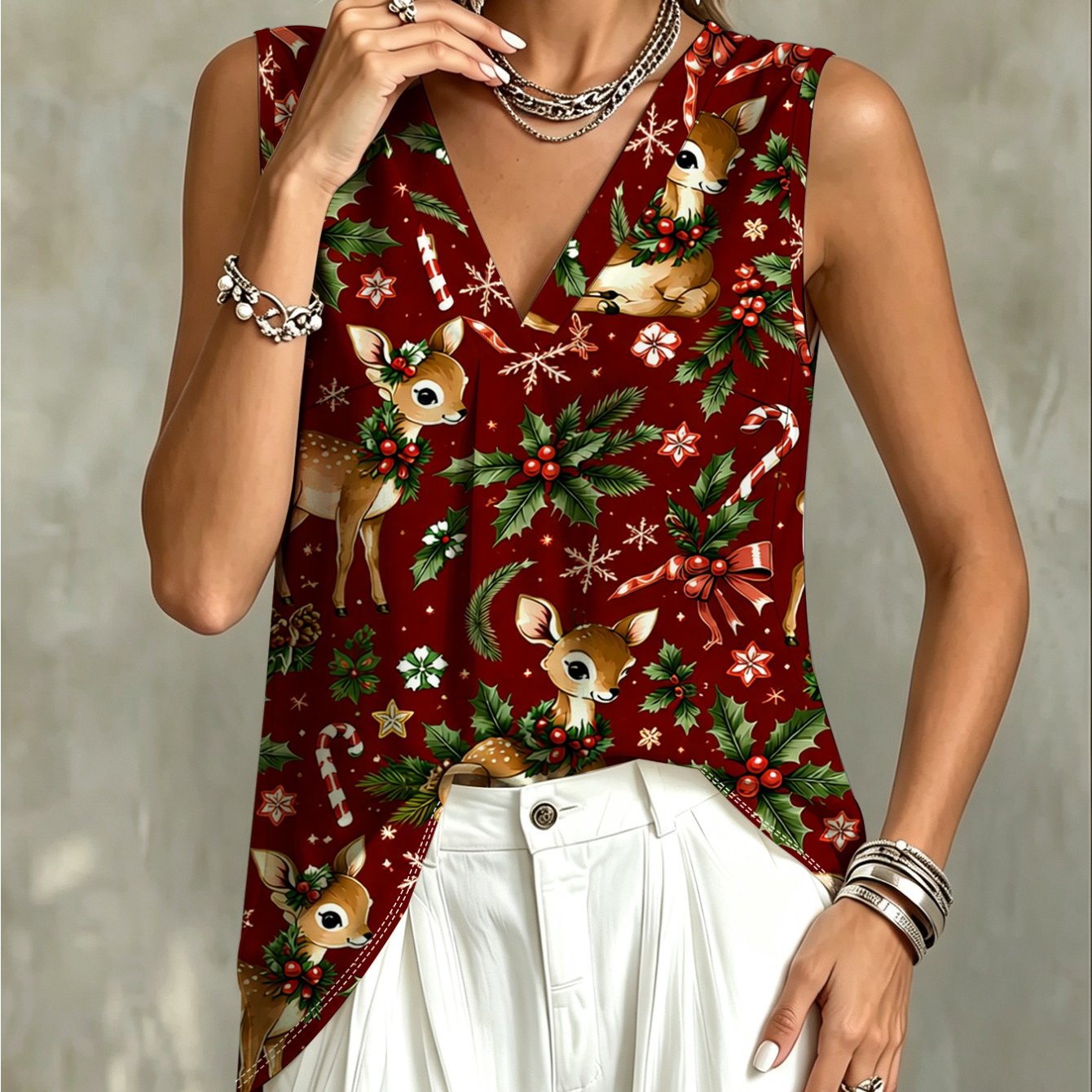 TEMU Plus Size, Vintage Wine Red Reindeer Candy Holly Print V-neck Sleeveless Stylish Printed Summer Tank Top For Women, Red Base Cartoon Elk Holly